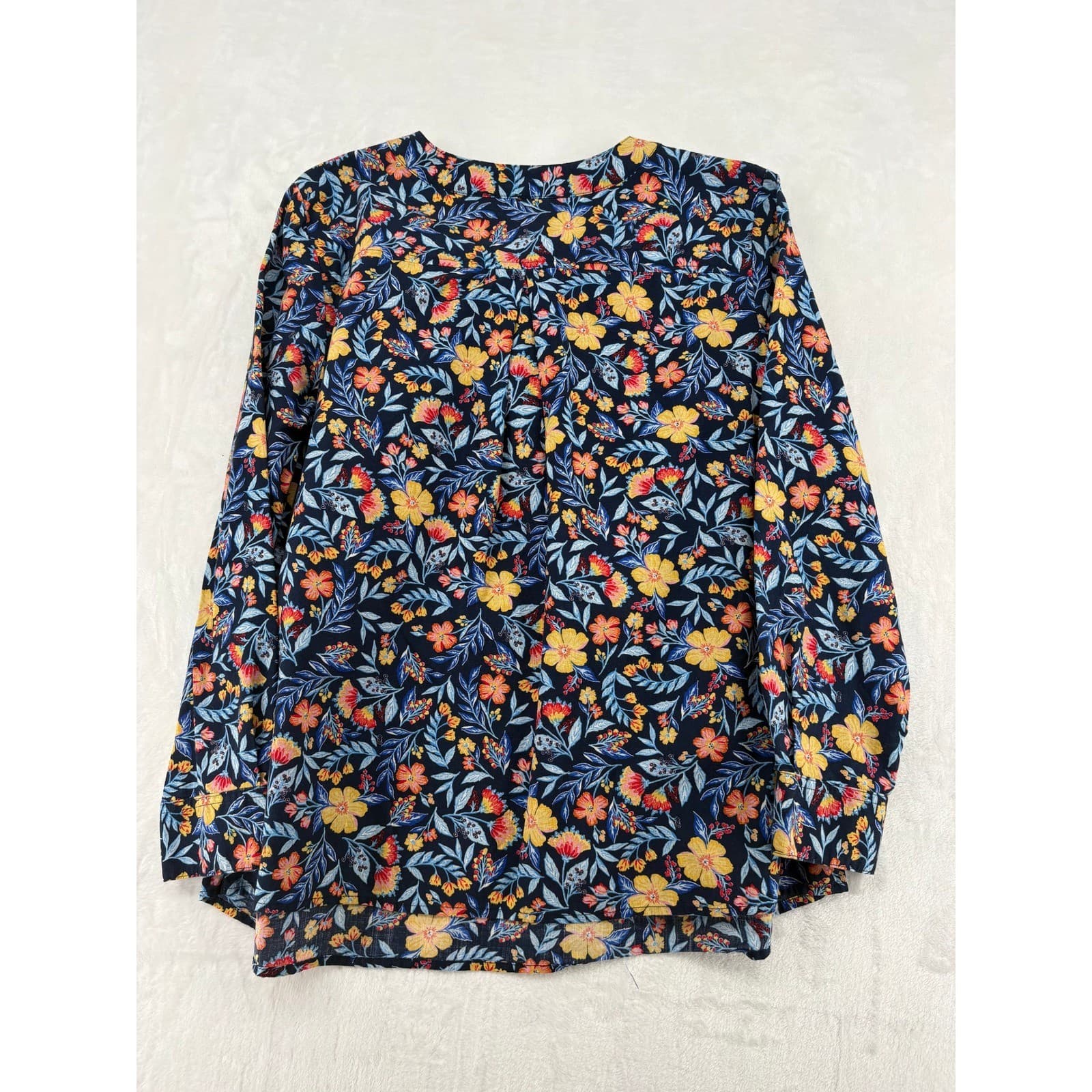 Style & Co Blouse Womens PXL Top Navy Blue Floral Cotton Long Sleeve Tie Neck - Thumbnail 6