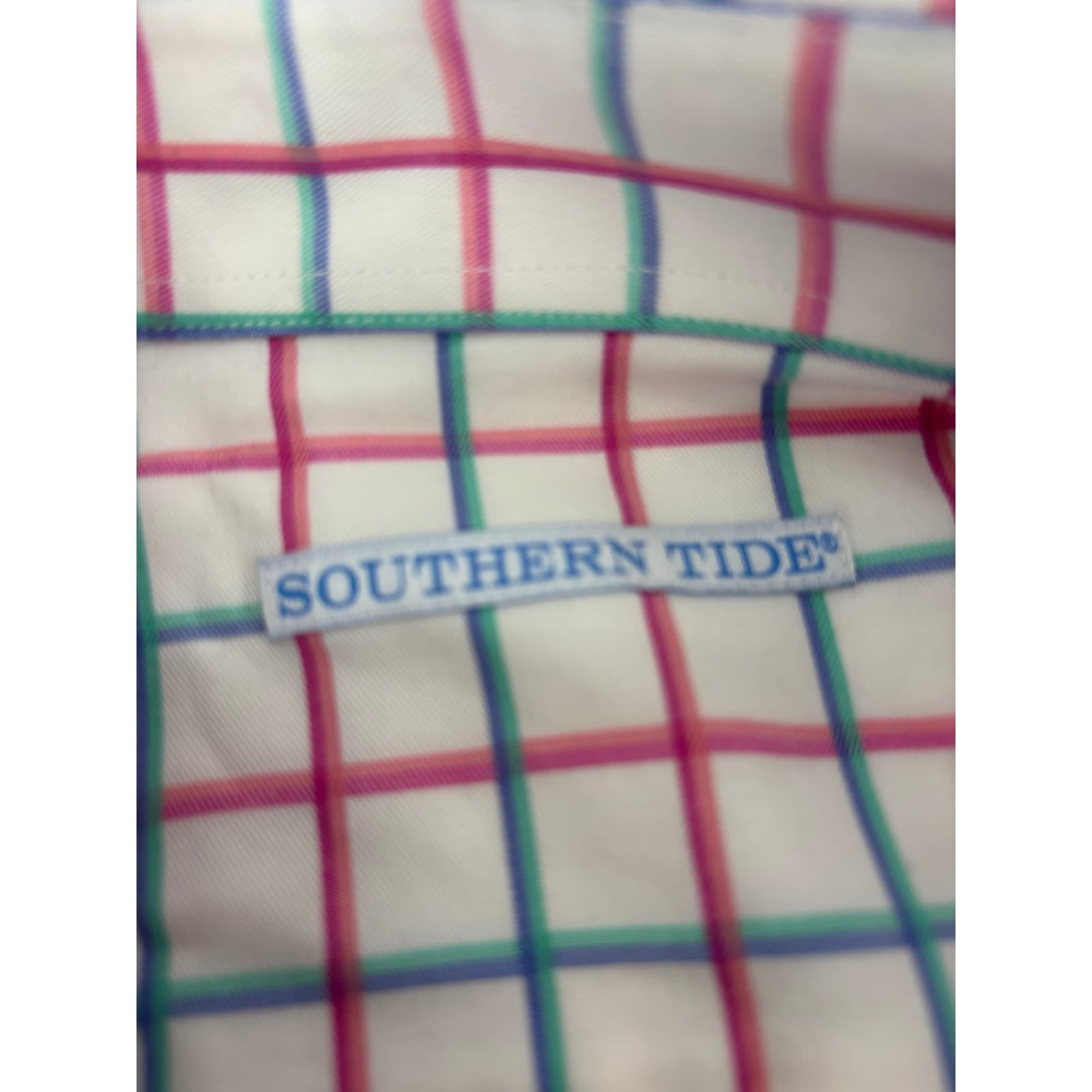 Southern Tide Button Down Mens Large Shirt White Pink Blue Plaid Stretch L - Thumbnail 2