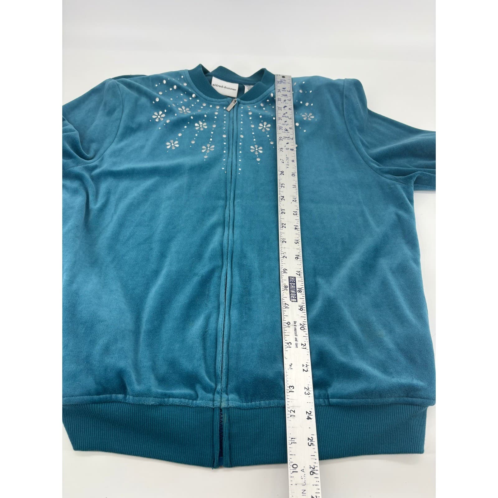 Alfred Dunner Womens Jacket Size 16 Blue Velour Floral Rhinestone Zip Up - Thumbnail 6