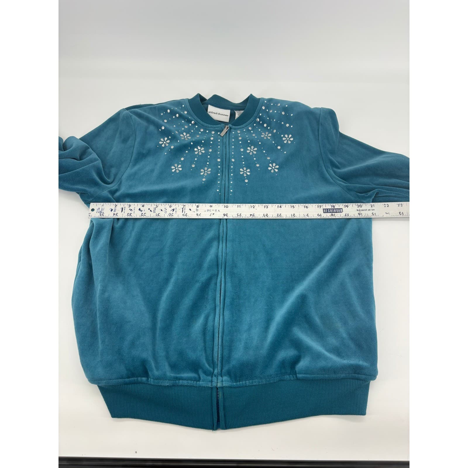 Alfred Dunner Womens Jacket Size 16 Blue Velour Floral Rhinestone Zip Up - Thumbnail 5