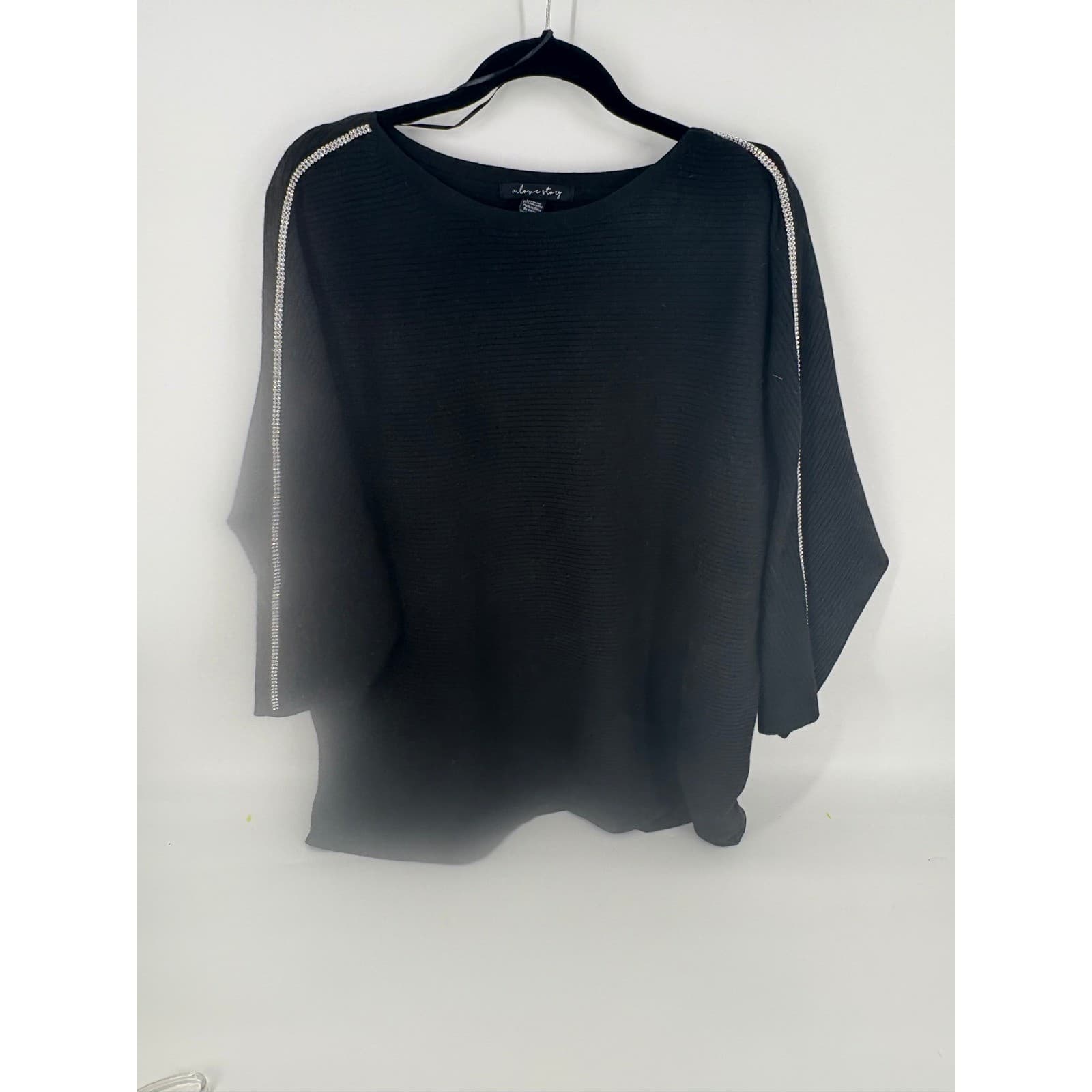 A Love Story 2X Black Rhinestone Ribbed Knit Dolman Sleeve Pullover Top