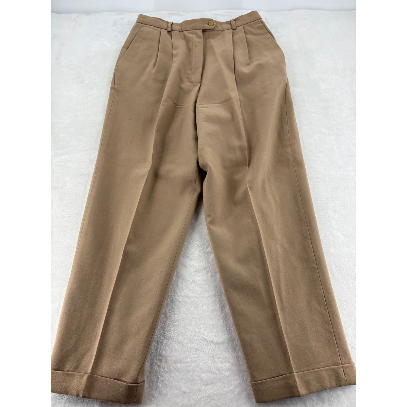Talbots Trousers Womens 12P Pants Tan 100% Wool Pleated Cuffed Petites