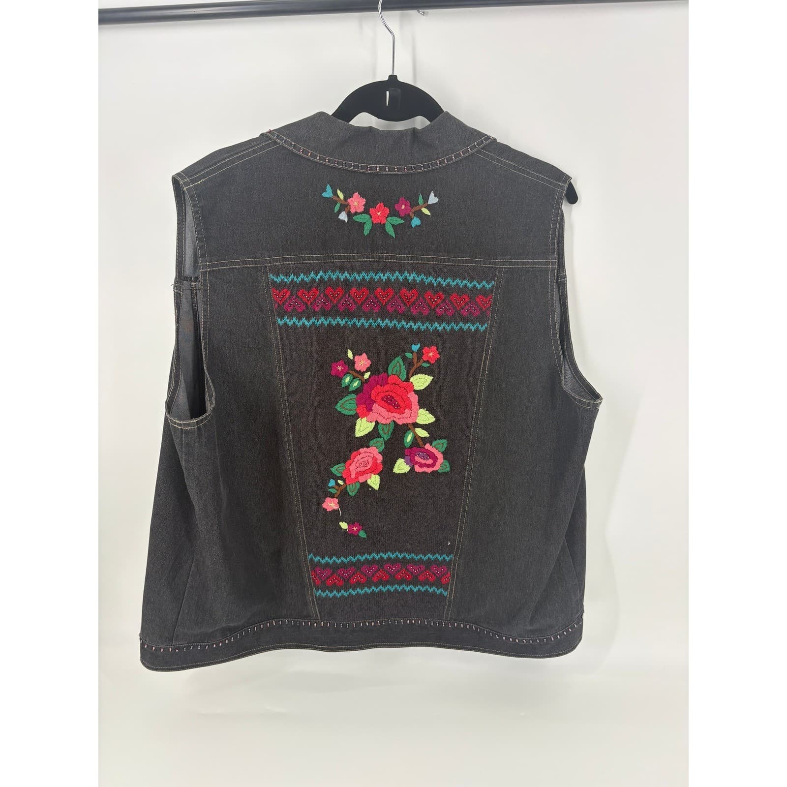 Alfred Dunner Vest Black Denim Floral Embroidered Sleeveless Jacket Medium - Thumbnail 5