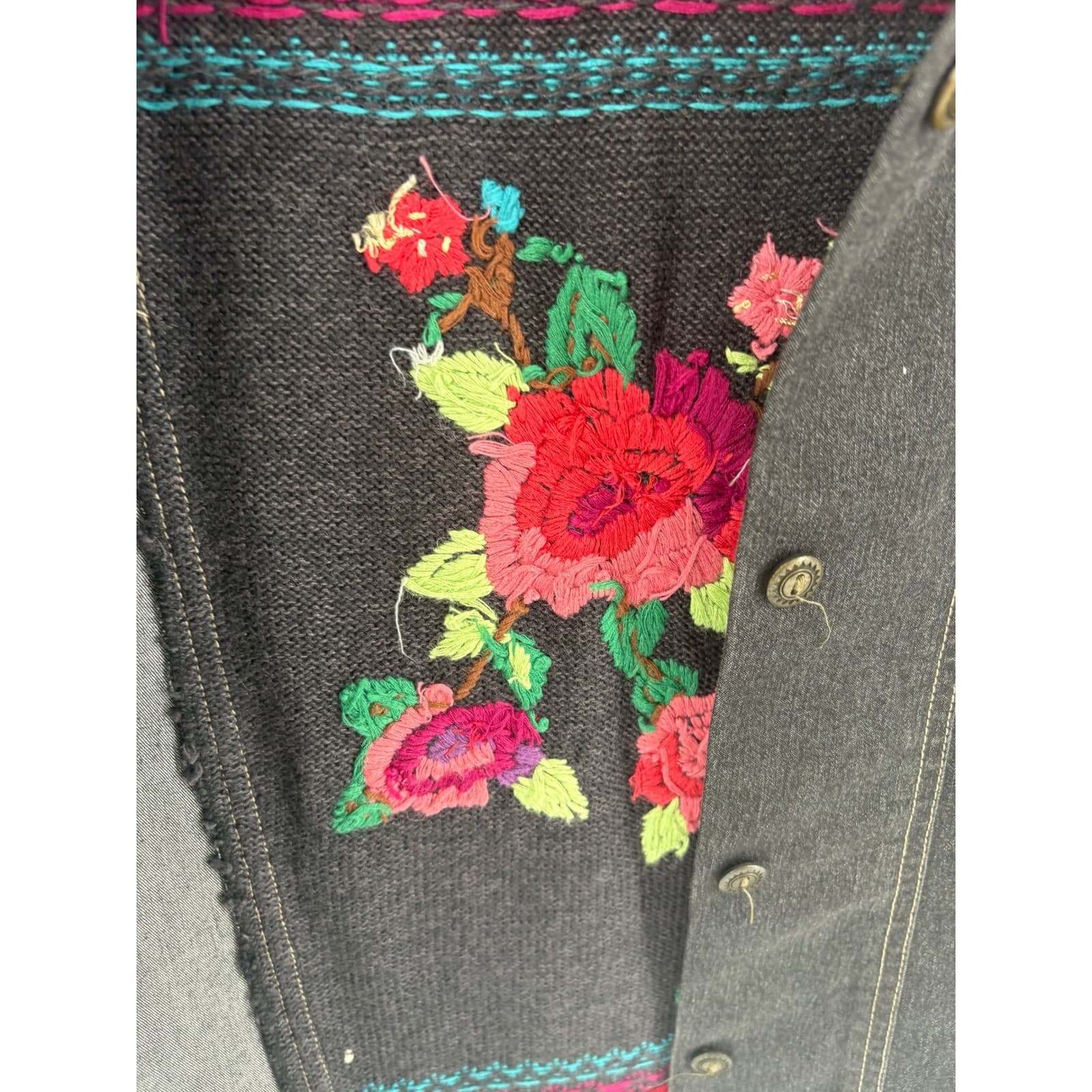 Alfred Dunner Vest Black Denim Floral Embroidered Sleeveless Jacket Medium - Thumbnail 4