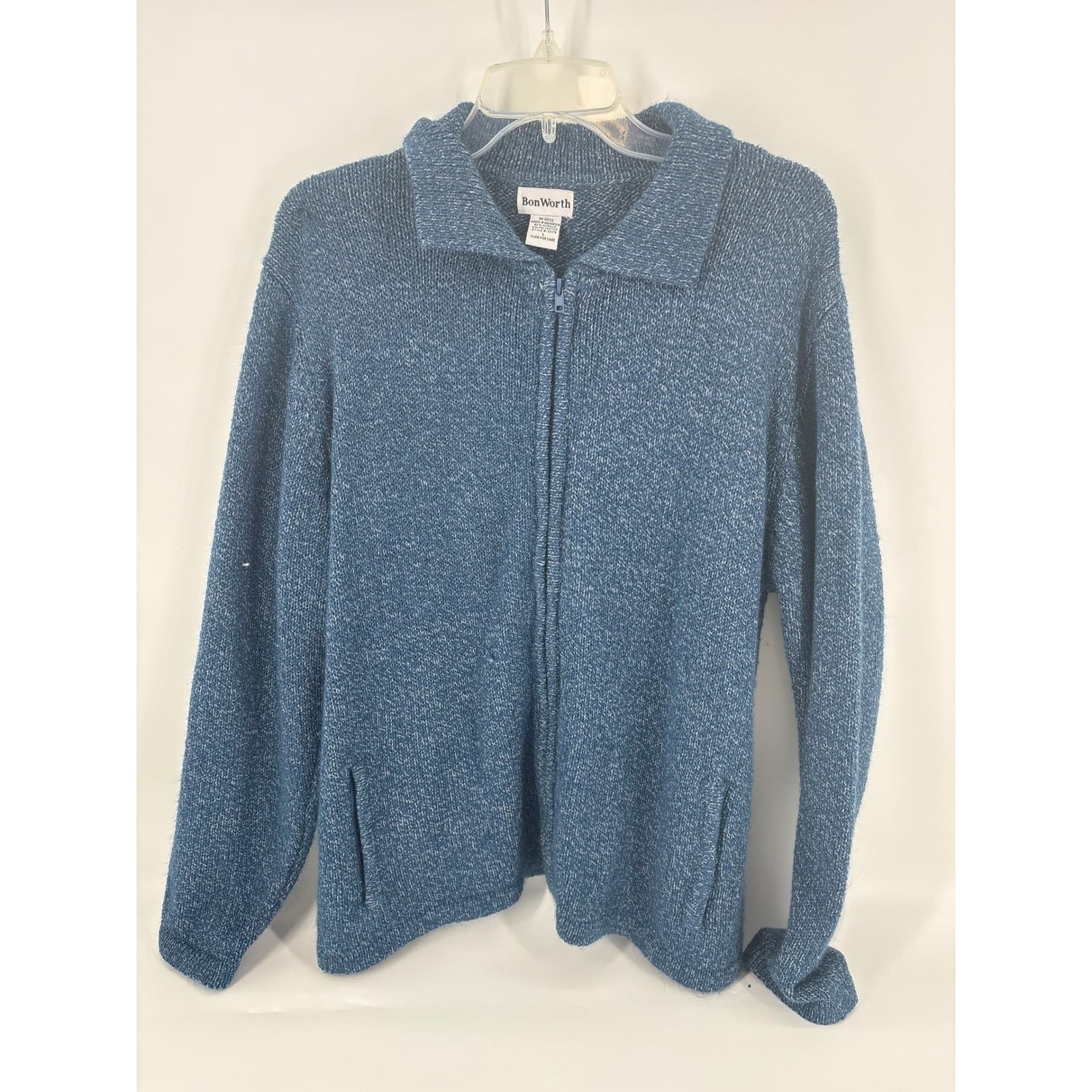 BonWorth Womens Blue Knit Full Zip Up Cardigan Sweater Ladies Size Large