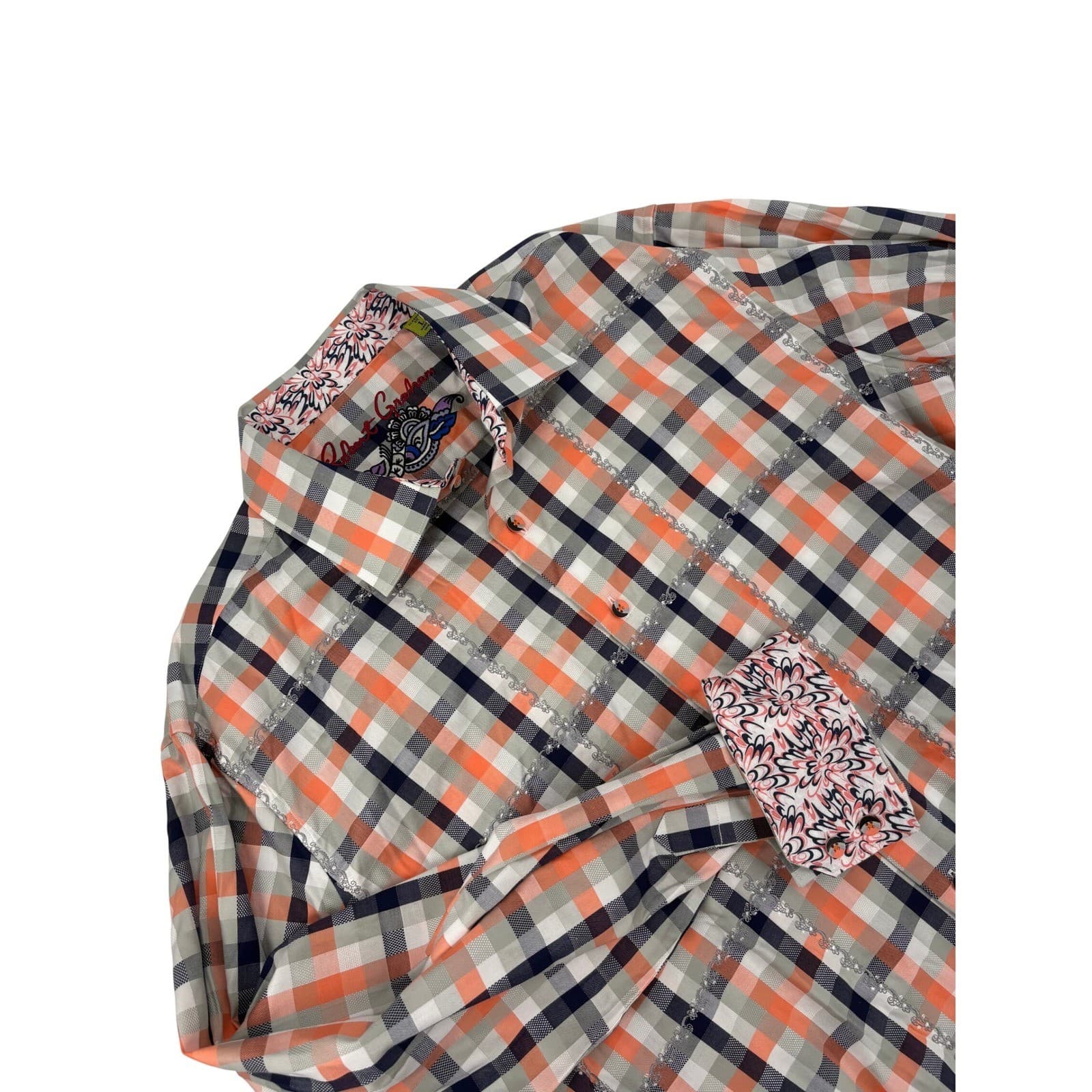 Robert Graham Men's Classic Fit Large Plaid Button Down Shirt Orange Navy Grey