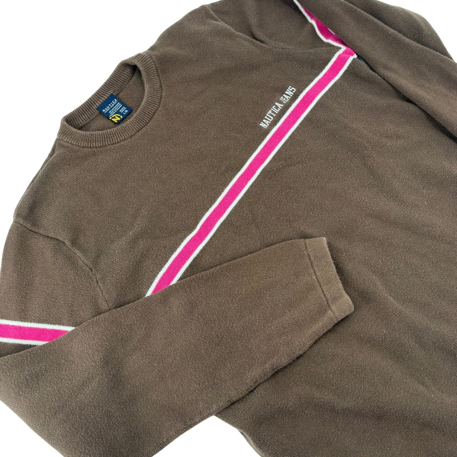 Nautica Jeans Company Sweater Mens Large Pullover Brown Pink Stripe Cotton L