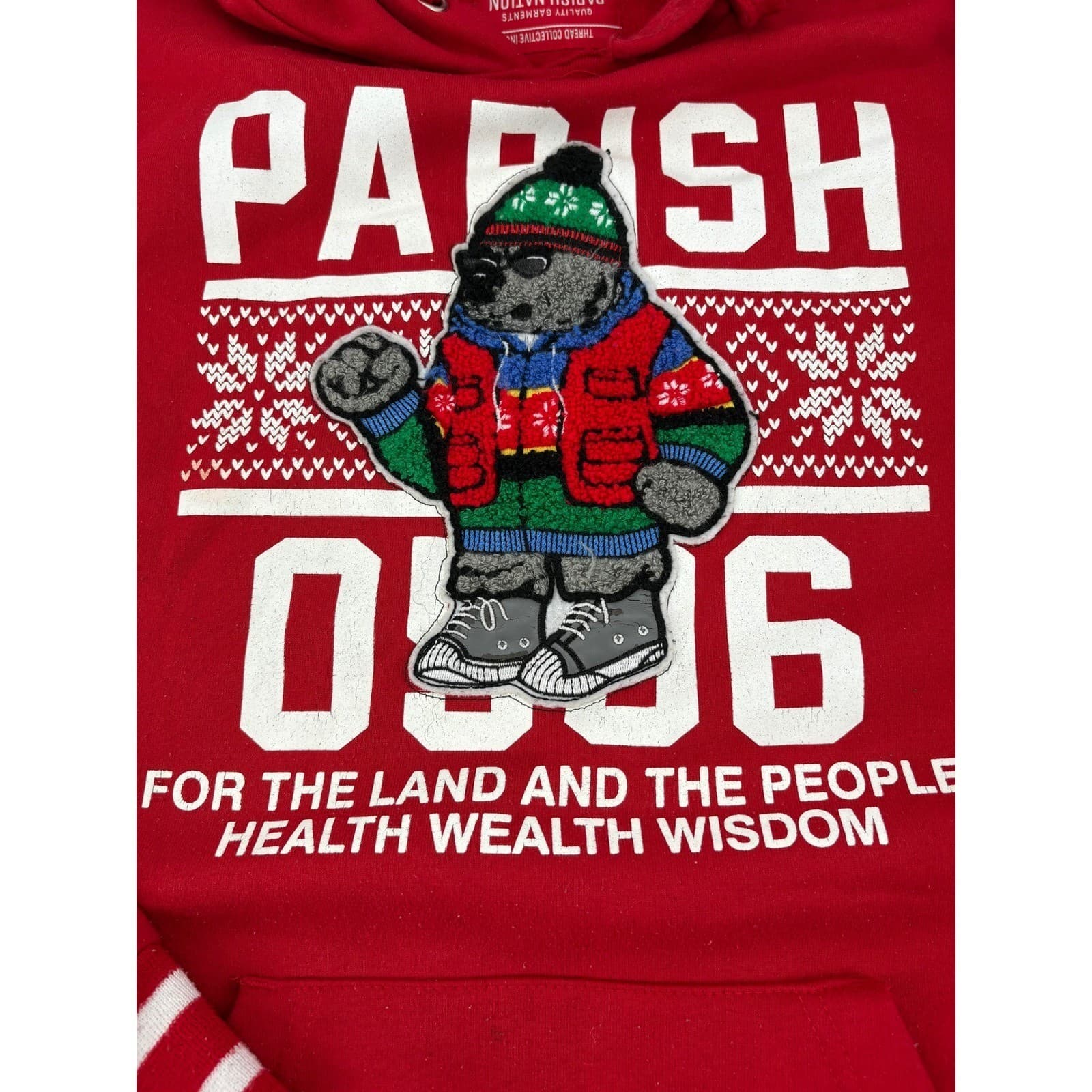 Parish Nation Hoodie Mens Medium Hoodie Red Bear Graphic Health Wealth Wisdom - Thumbnail 3