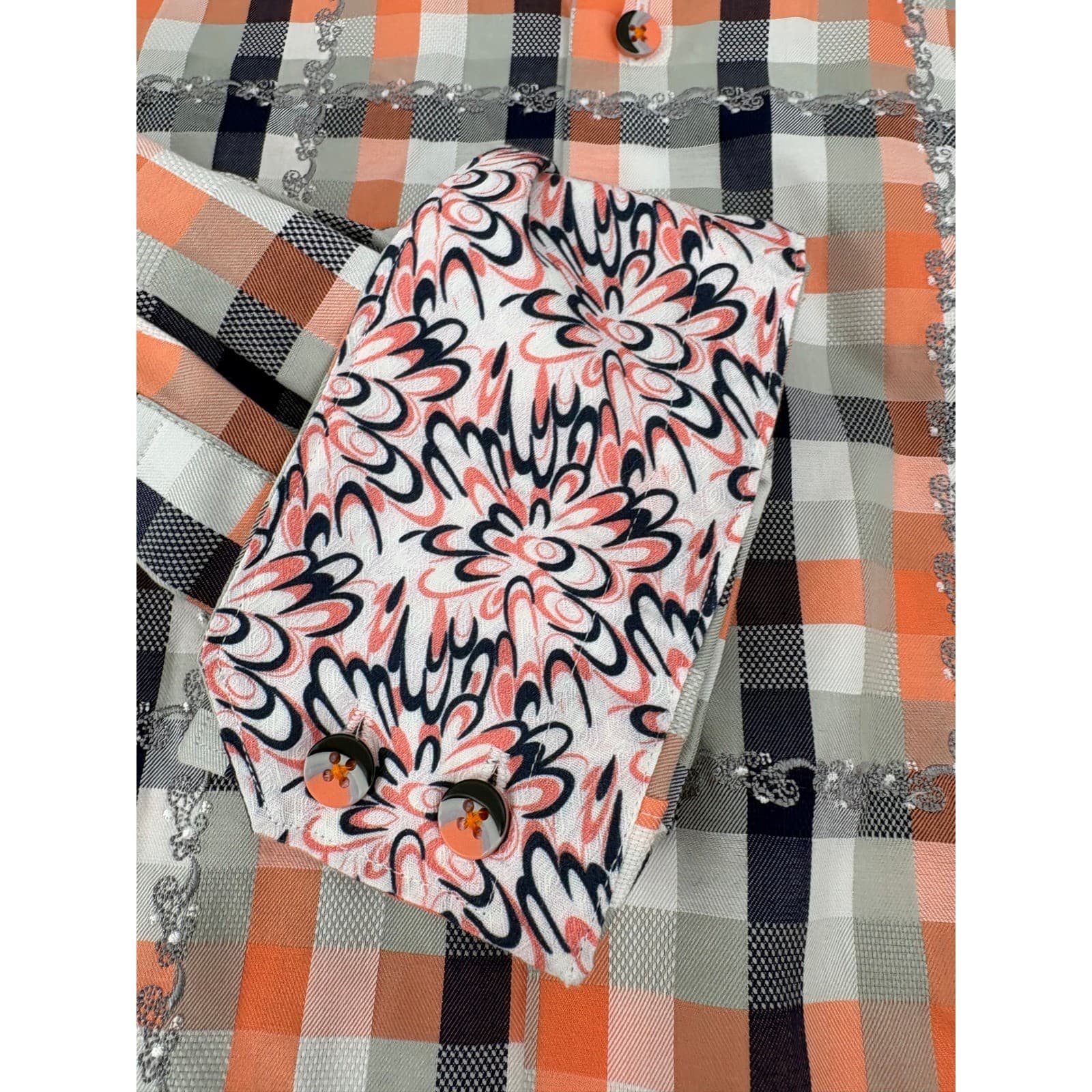 Robert Graham Men's Classic Fit Large Plaid Button Down Shirt Orange Navy Grey - Thumbnail 8