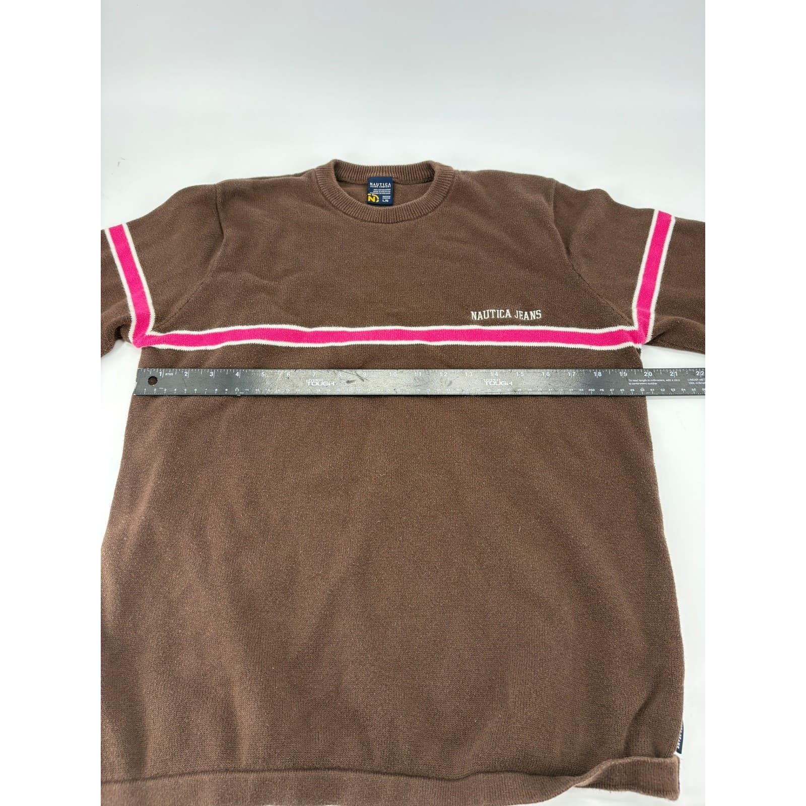 Nautica Jeans Company Sweater Mens Large Pullover Brown Pink Stripe Cotton L - Thumbnail 4