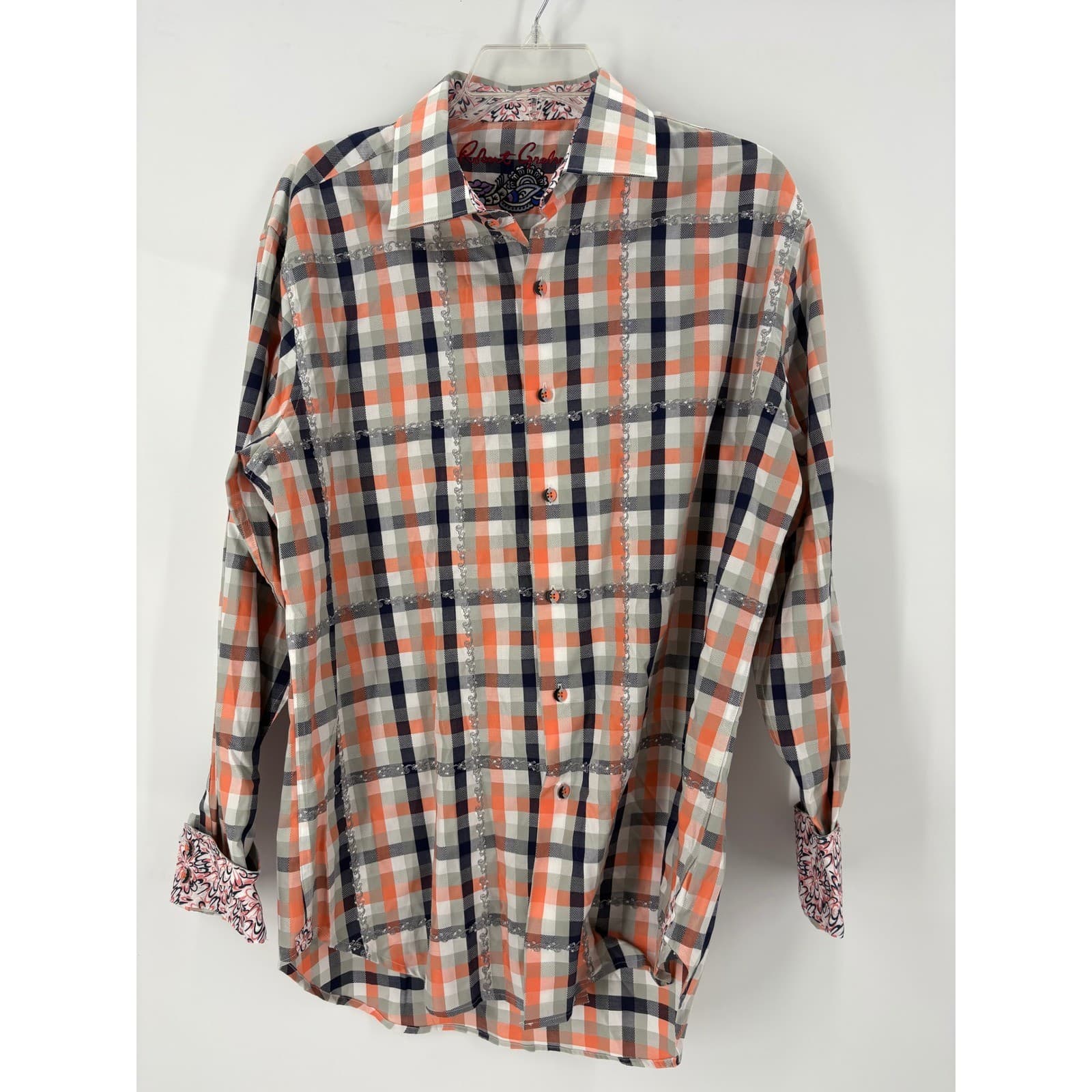 Robert Graham Men's Classic Fit Large Plaid Button Down Shirt Orange Navy Grey - Thumbnail 2