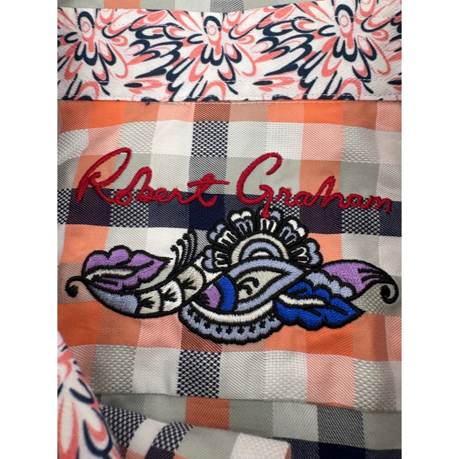 Robert Graham Men's Classic Fit Large Plaid Button Down Shirt Orange Navy Grey - Thumbnail 5