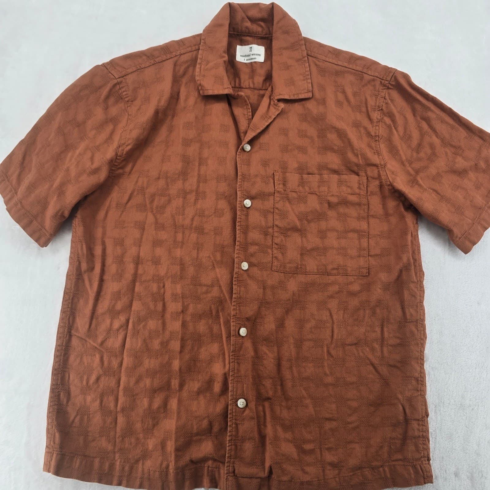 Mutual Weave Shirt Mens S Button Down Brown Short Sleeve Textured Cotton 6905