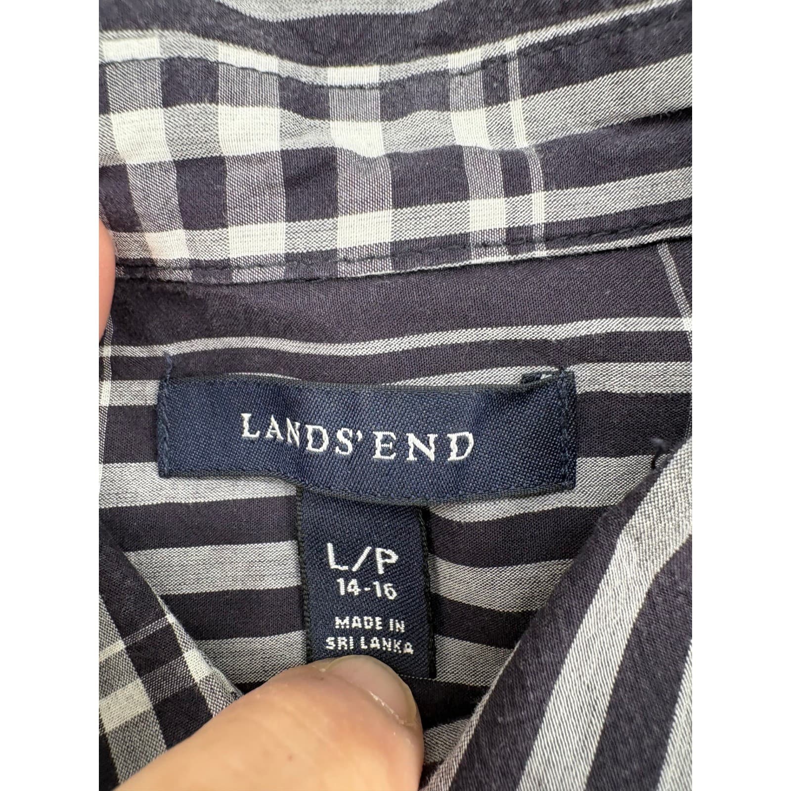 Lands End Top Womens L/P Blouse Navy Blue Plaid Popover 3/4 Sleeve Cotton 6474 - Thumbnail 2
