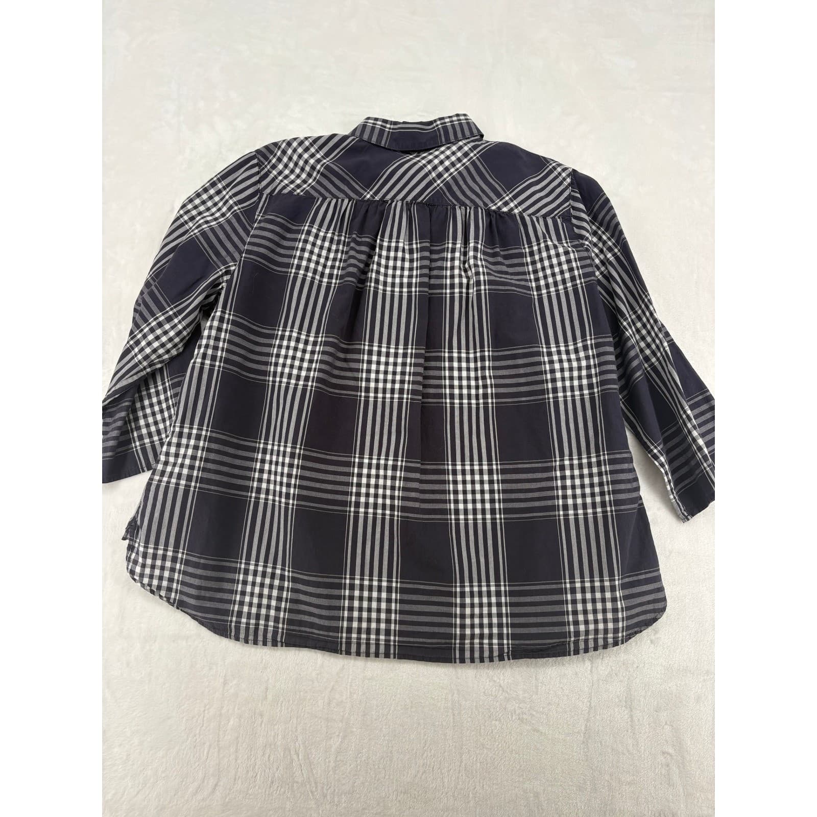 Lands End Top Womens L/P Blouse Navy Blue Plaid Popover 3/4 Sleeve Cotton 6474 - Thumbnail 6