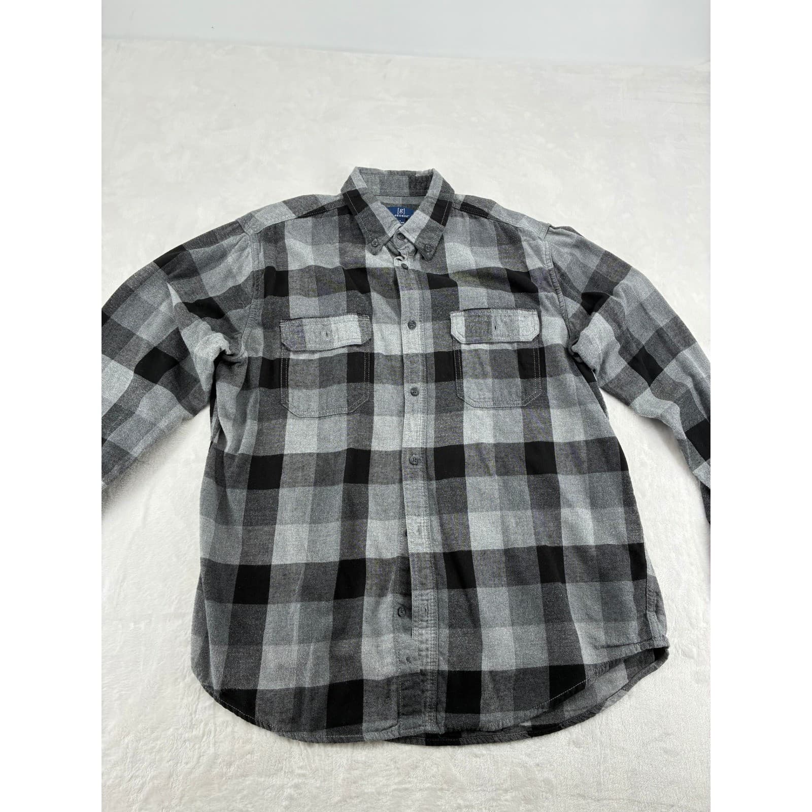 George Flannel Mens L Shirt Black Grey Plaid Long Sleeve Button Up Cotton
