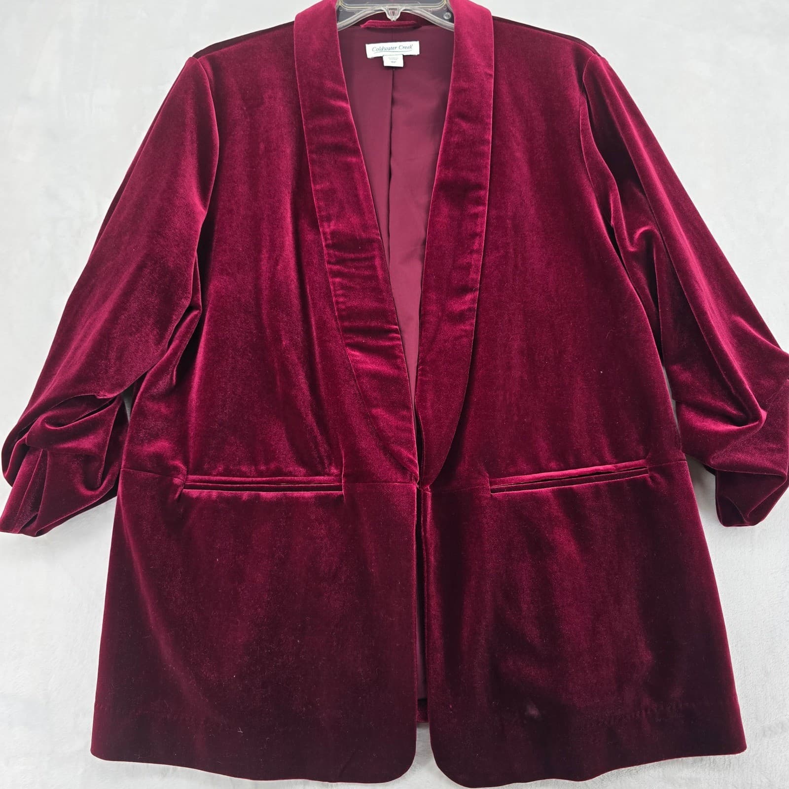 Coldwater Creek Blazer Womens 16P Blazer Burgundy Velvet Open Front Ruched 6901