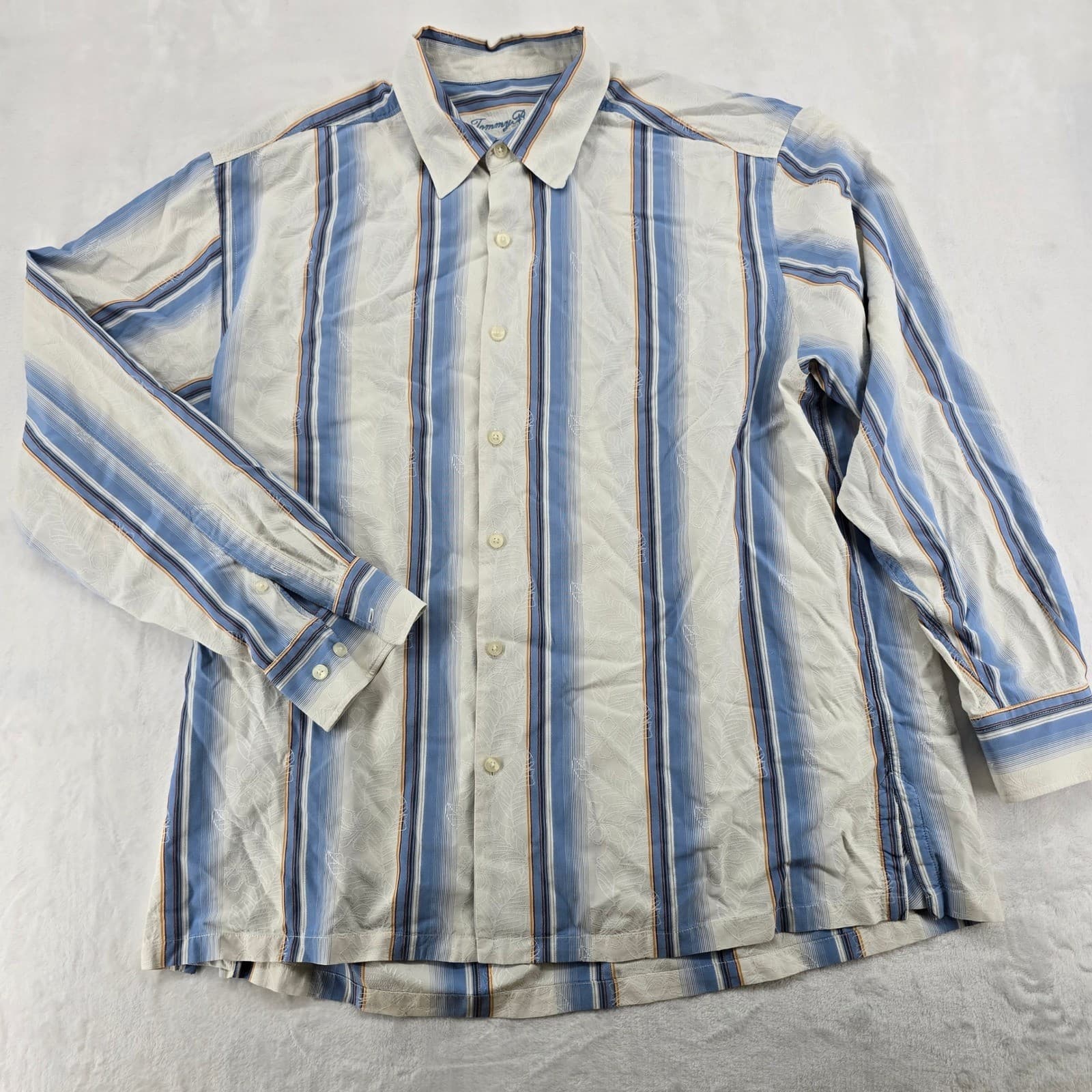 Tommy Bahama Button Front Mens XL Shirt Blue Striped Silk Cotton Long Sleeve