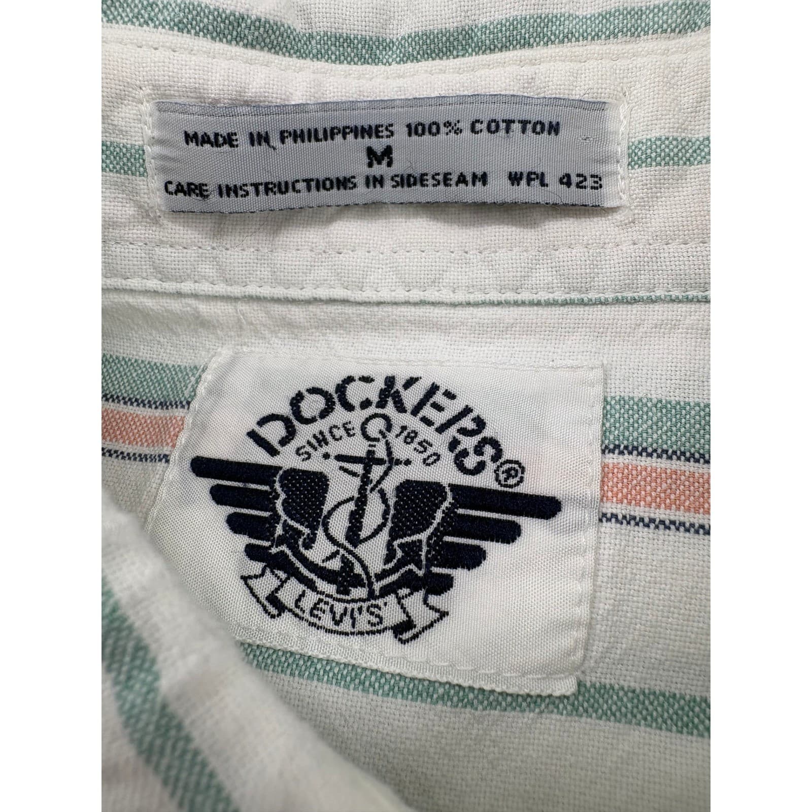 Dockers Shirt Mens M Short Sleeve Button Down White Green Pink Striped Cotton - Thumbnail 2