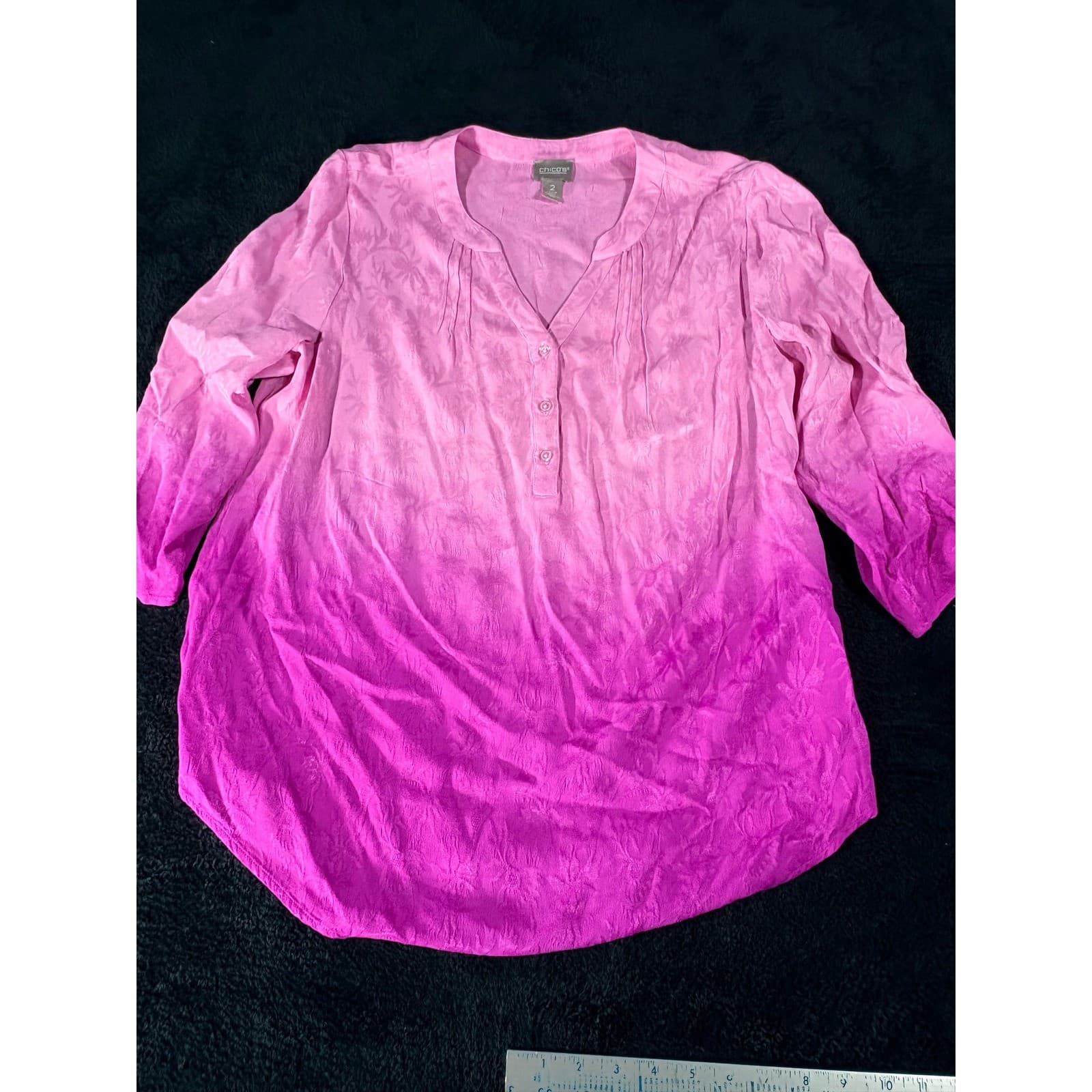 Chico's Pink Purple Ombre Floral Button Down 3/4 Sleeve Tunic Top Women's