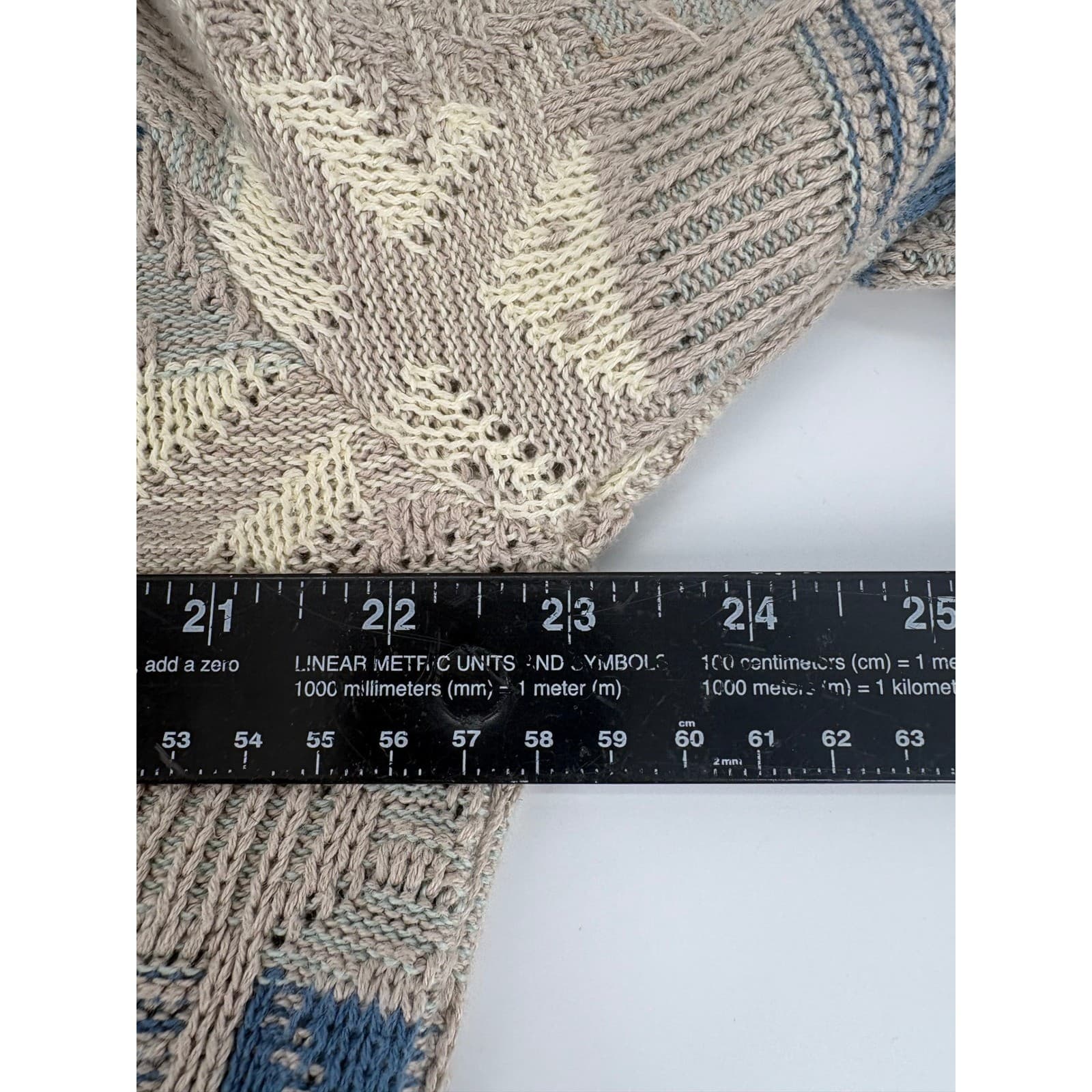 JANTZEN Mens Beige Blue Geometric Knit Sweater Pullover Made USA Size L - Thumbnail 5