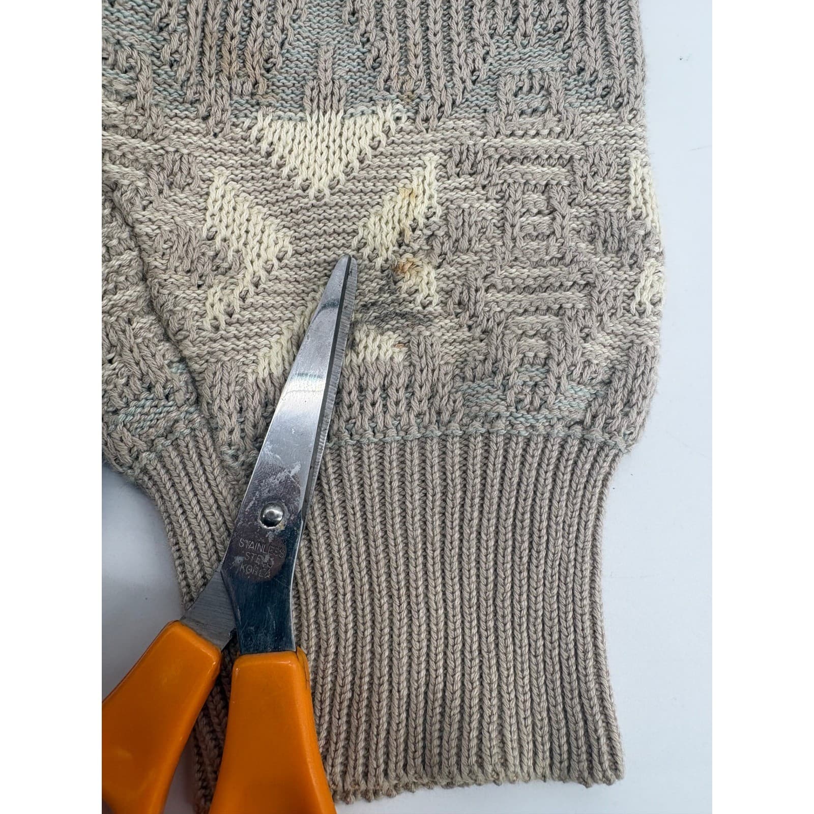 JANTZEN Mens Beige Blue Geometric Knit Sweater Pullover Made USA Size L - Thumbnail 7