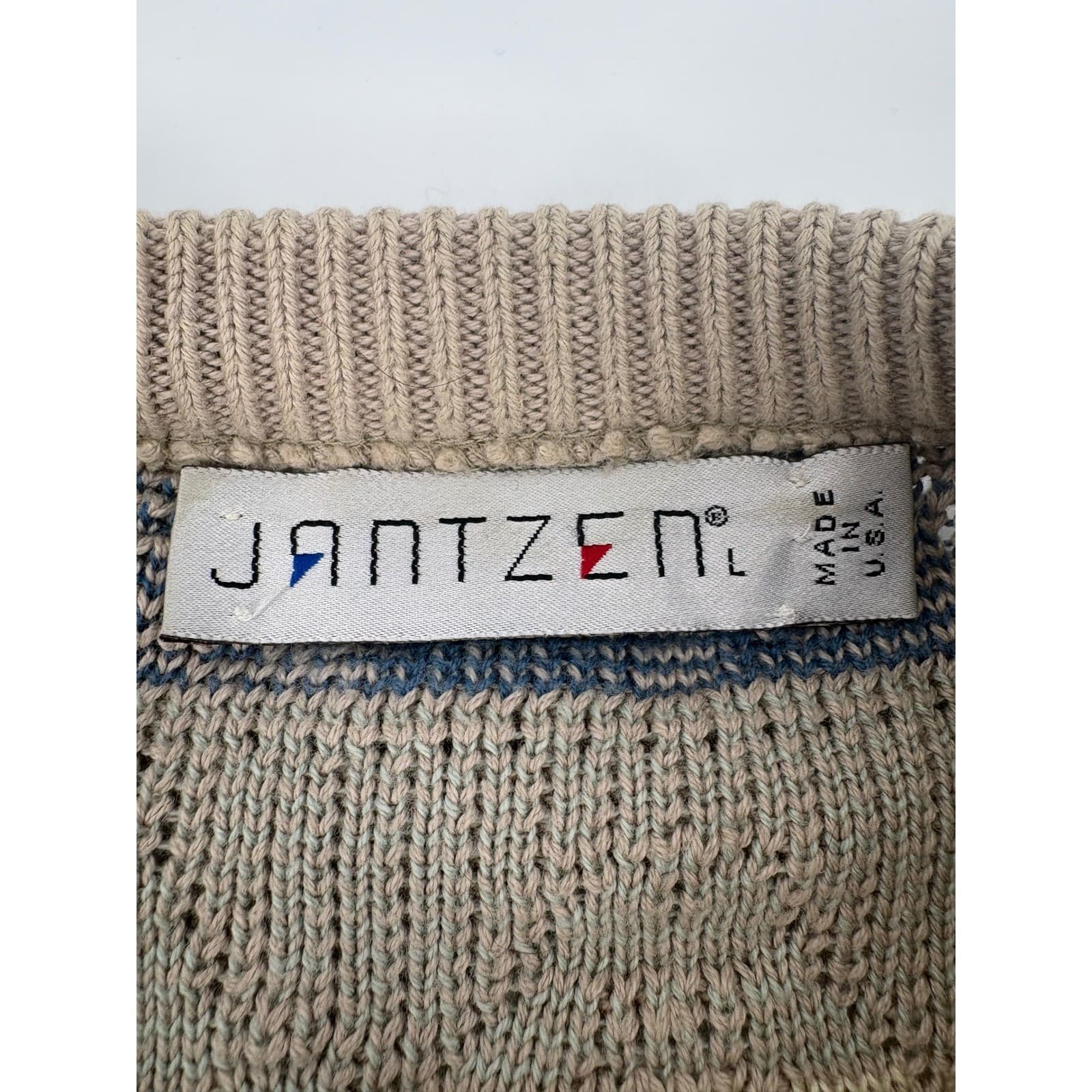 JANTZEN Mens Beige Blue Geometric Knit Sweater Pullover Made USA Size L - Thumbnail 6