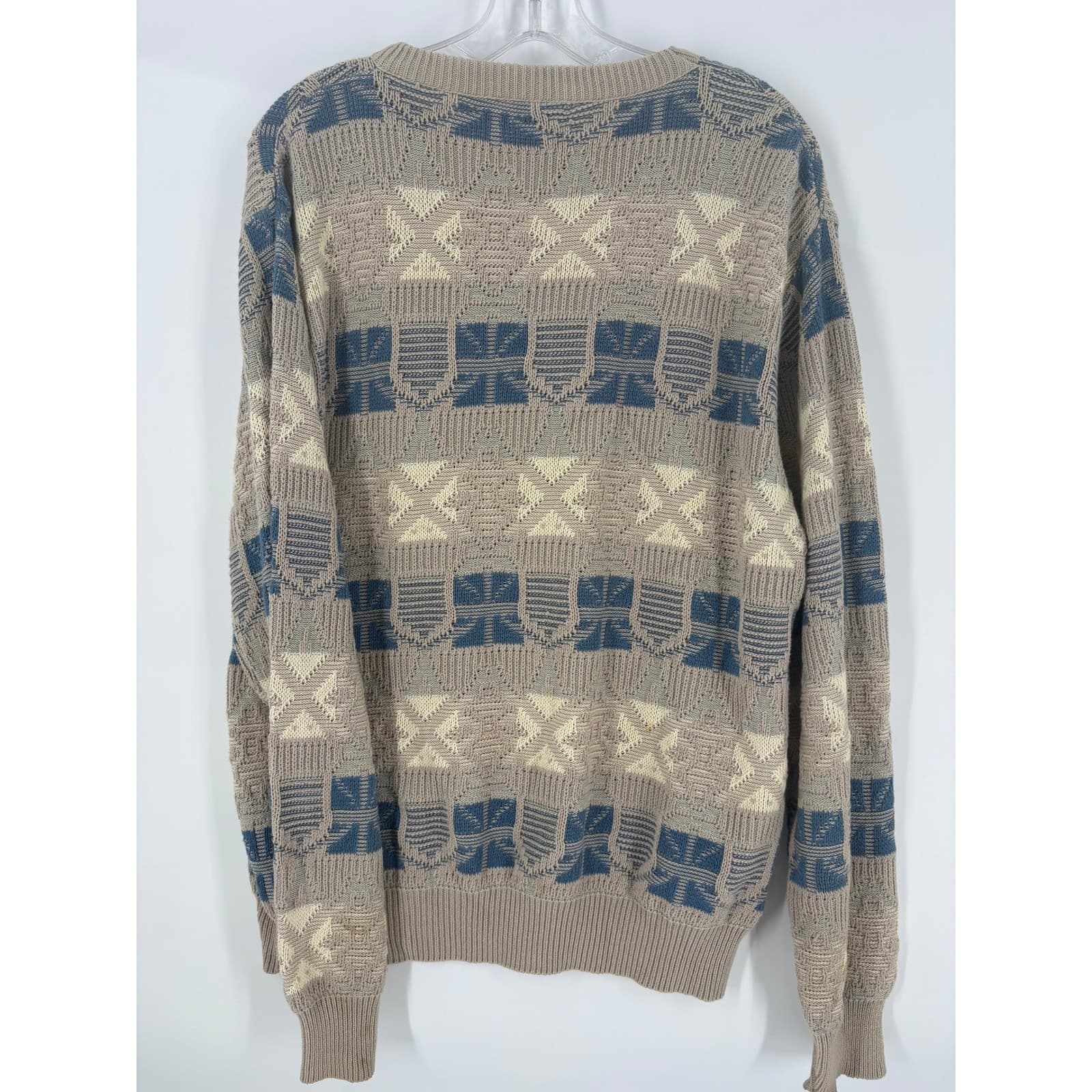 JANTZEN Mens Beige Blue Geometric Knit Sweater Pullover Made USA Size L - Thumbnail 3
