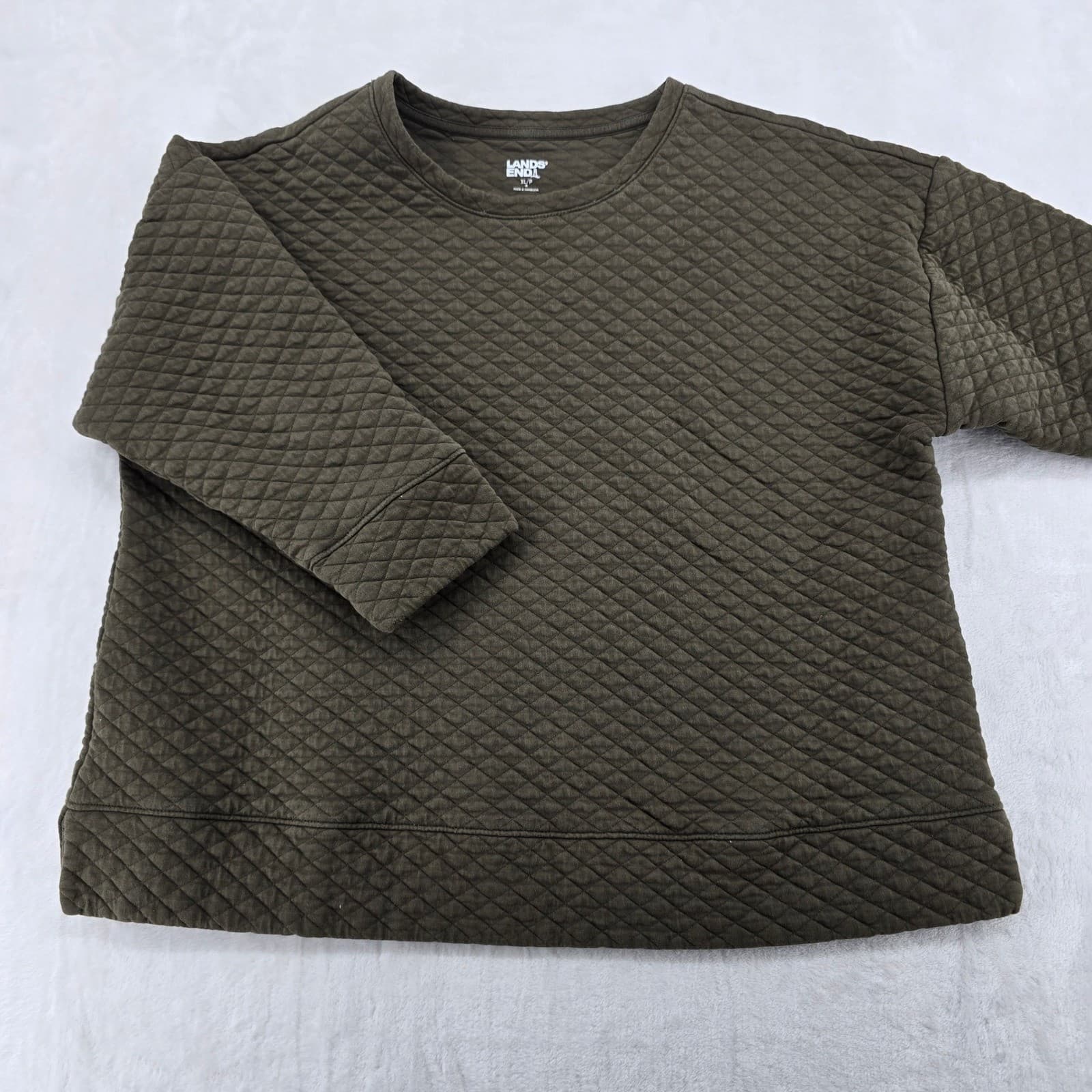 Lands' End Sweatshirt Womens XL/P Pullover Green Quilted Crewneck 6922