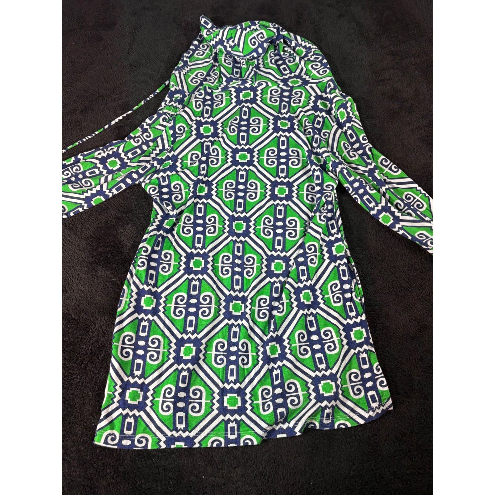 MacBeth Collection XS Green Blue White Geometric Hooded Dress - Thumbnail 7
