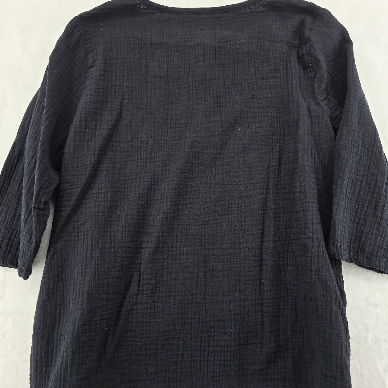 Unbranded Henley Top Womens XL Black Cotton Gauze 3/4 Sleeve Button Side - Thumbnail 4