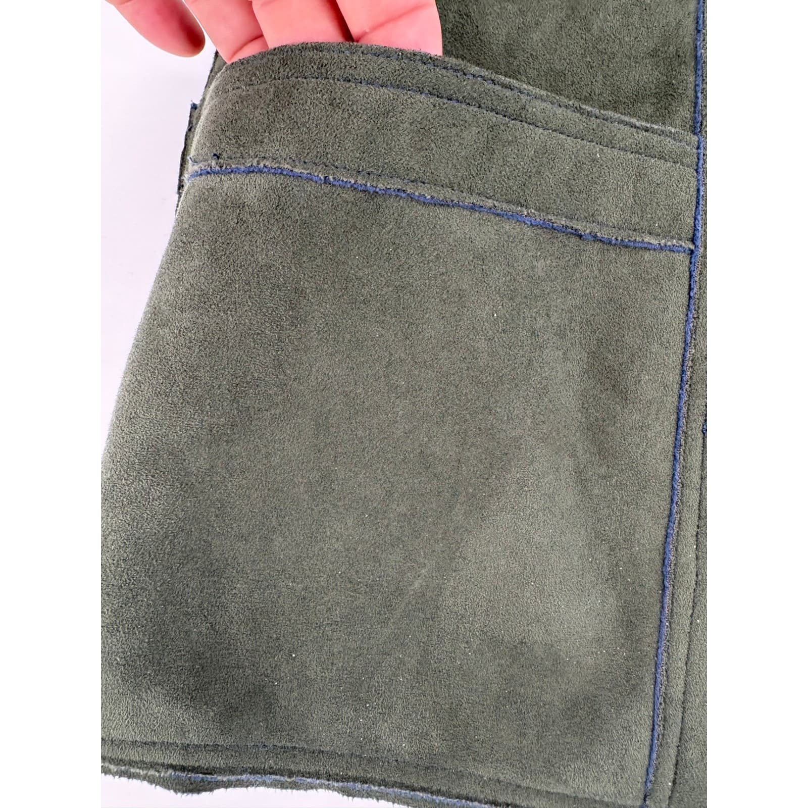 Bon Worth Olive Green Suede Like Button Front Jacket Blue Trim Size L - Thumbnail 7