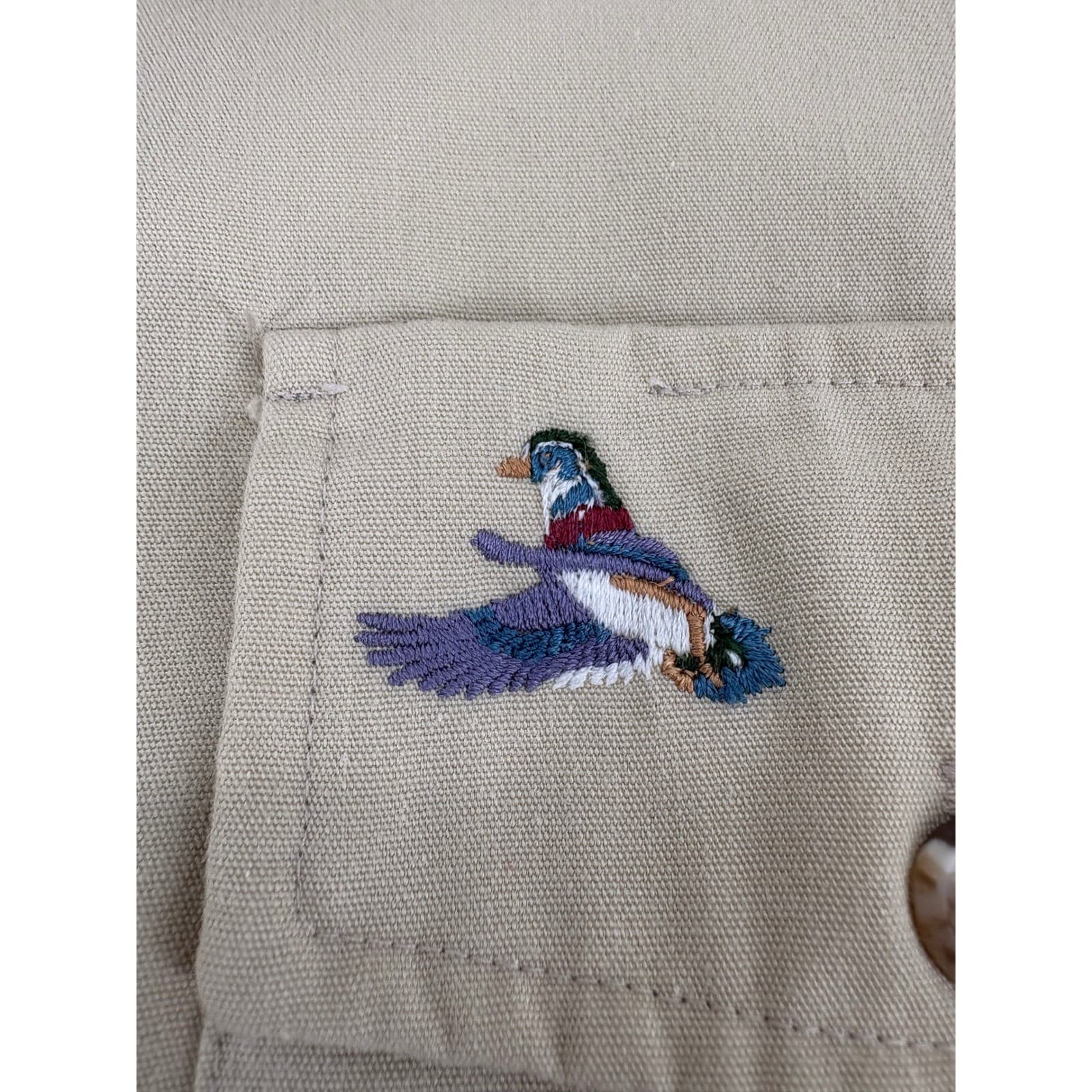 Duxbak Mens Beige Button Up Long Sleeve Shirt Embroidered Duck Pockets - Thumbnail 4