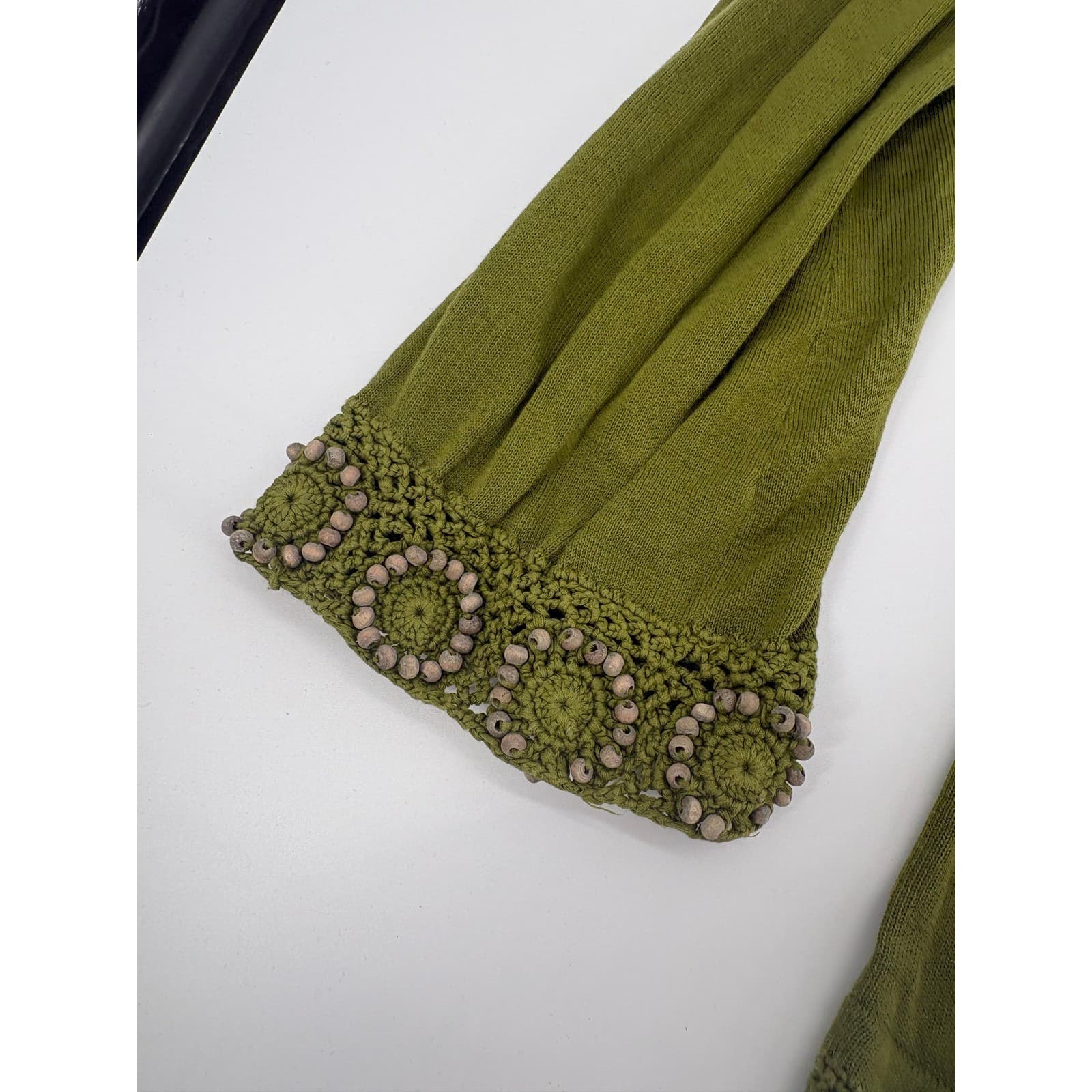 Fever Green V-Neck Beaded Crochet Trim Long Sleeve Cotton Sweater Top Size S - Thumbnail 6