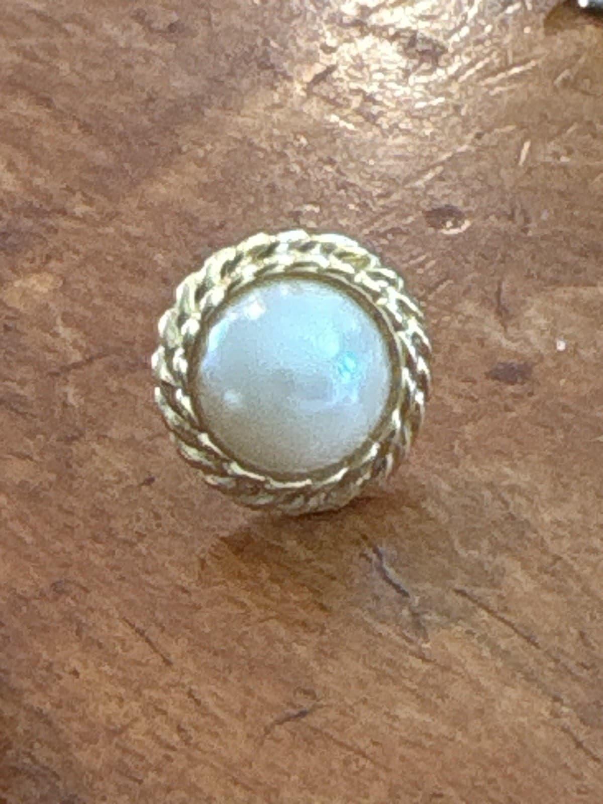 Monet Faux Pearl Stud Earrings Gold Tone Rope Edge Vintage Signed - Thumbnail 2