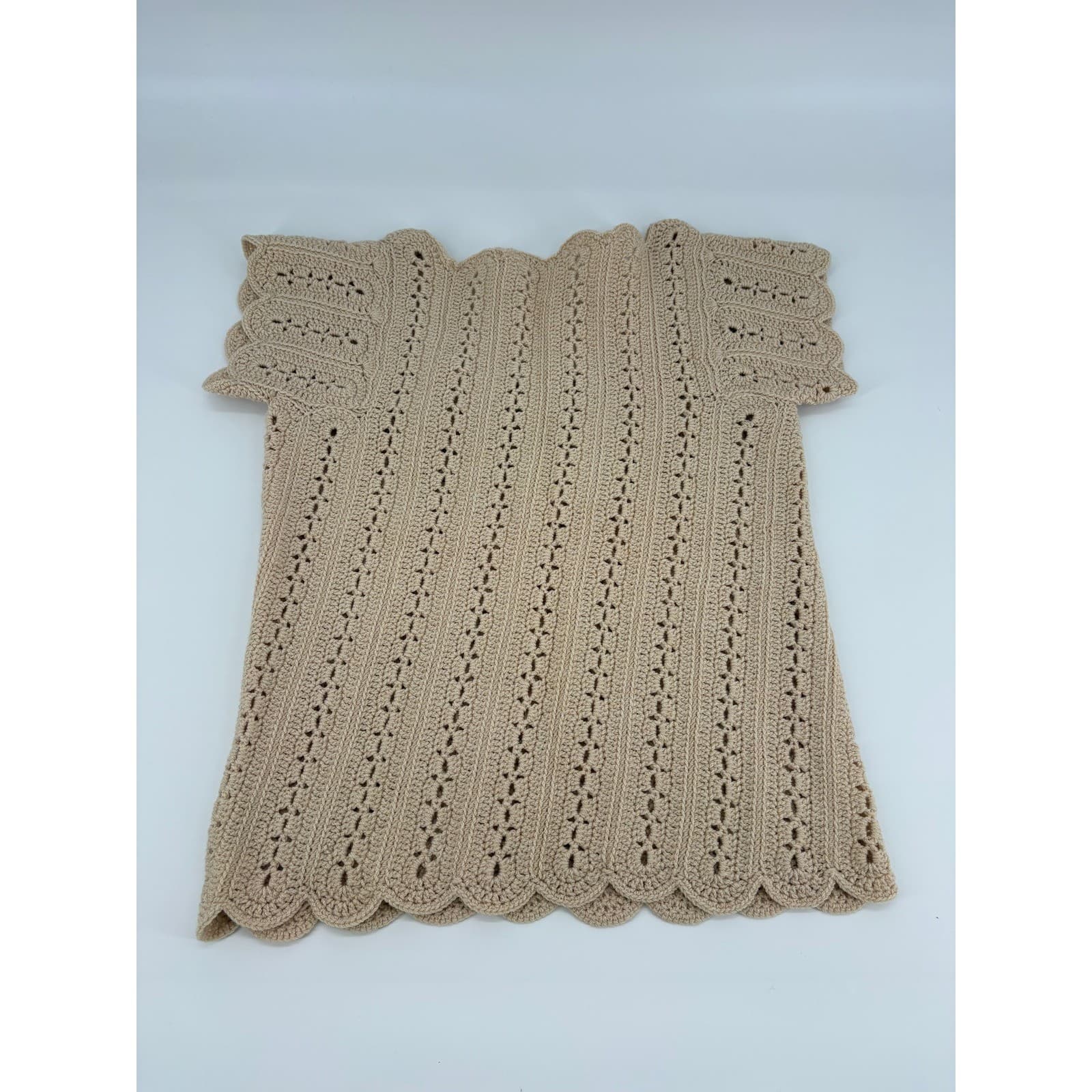 Women’s Beige Crochet Knit Square Neck Short Sleeve Top Boho Casual Size S - Thumbnail 2