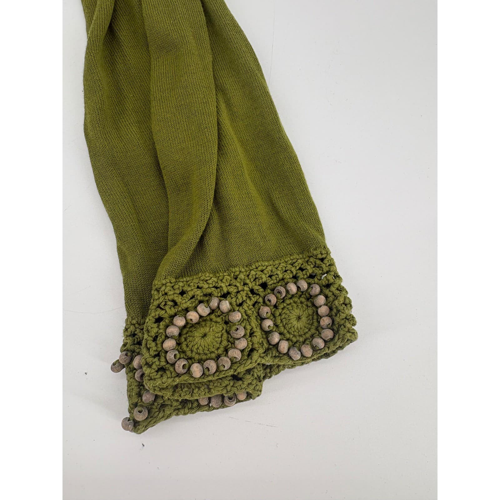 Fever Green V-Neck Beaded Crochet Trim Long Sleeve Cotton Sweater Top Size S - Thumbnail 5