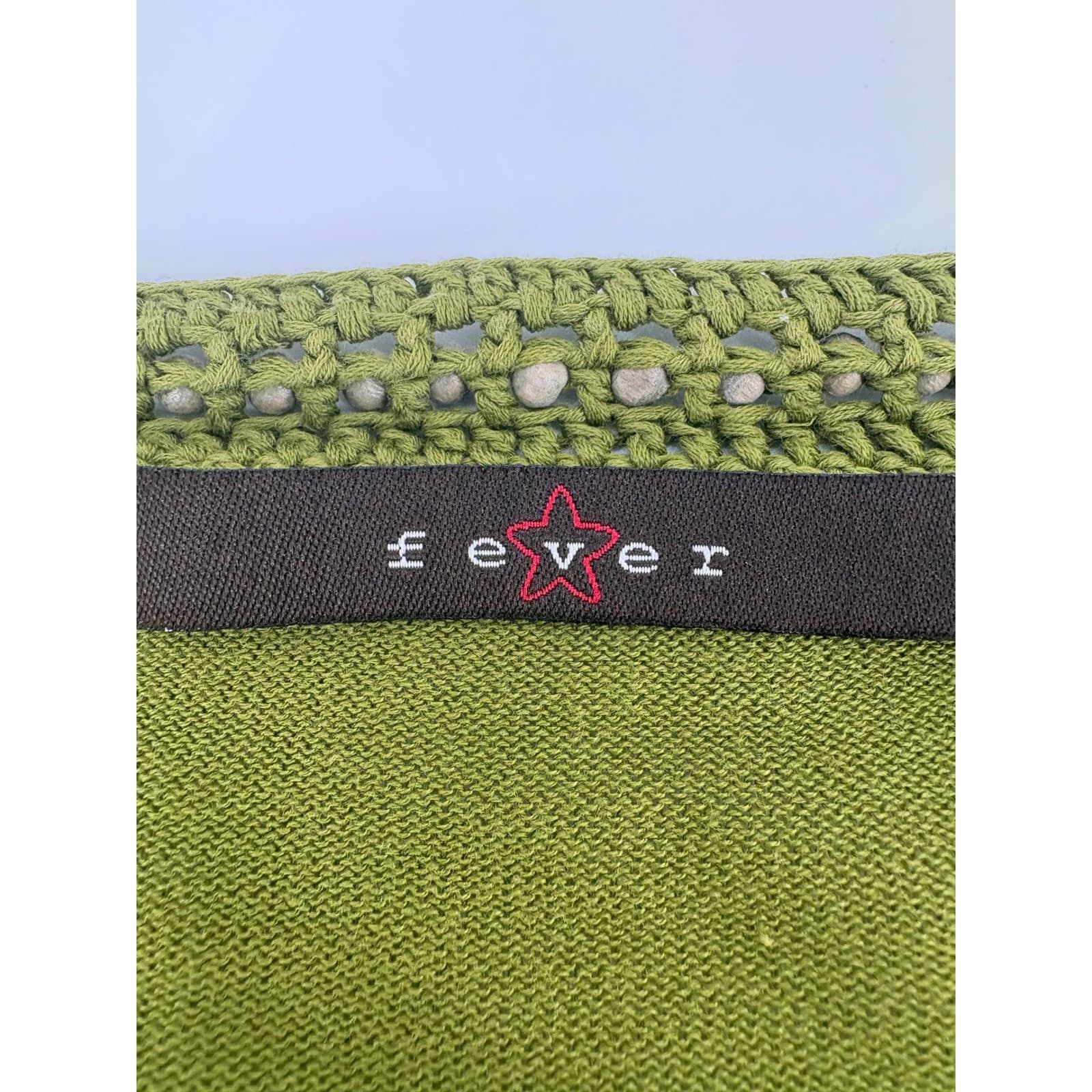 Fever Green V-Neck Beaded Crochet Trim Long Sleeve Cotton Sweater Top Size S - Thumbnail 2
