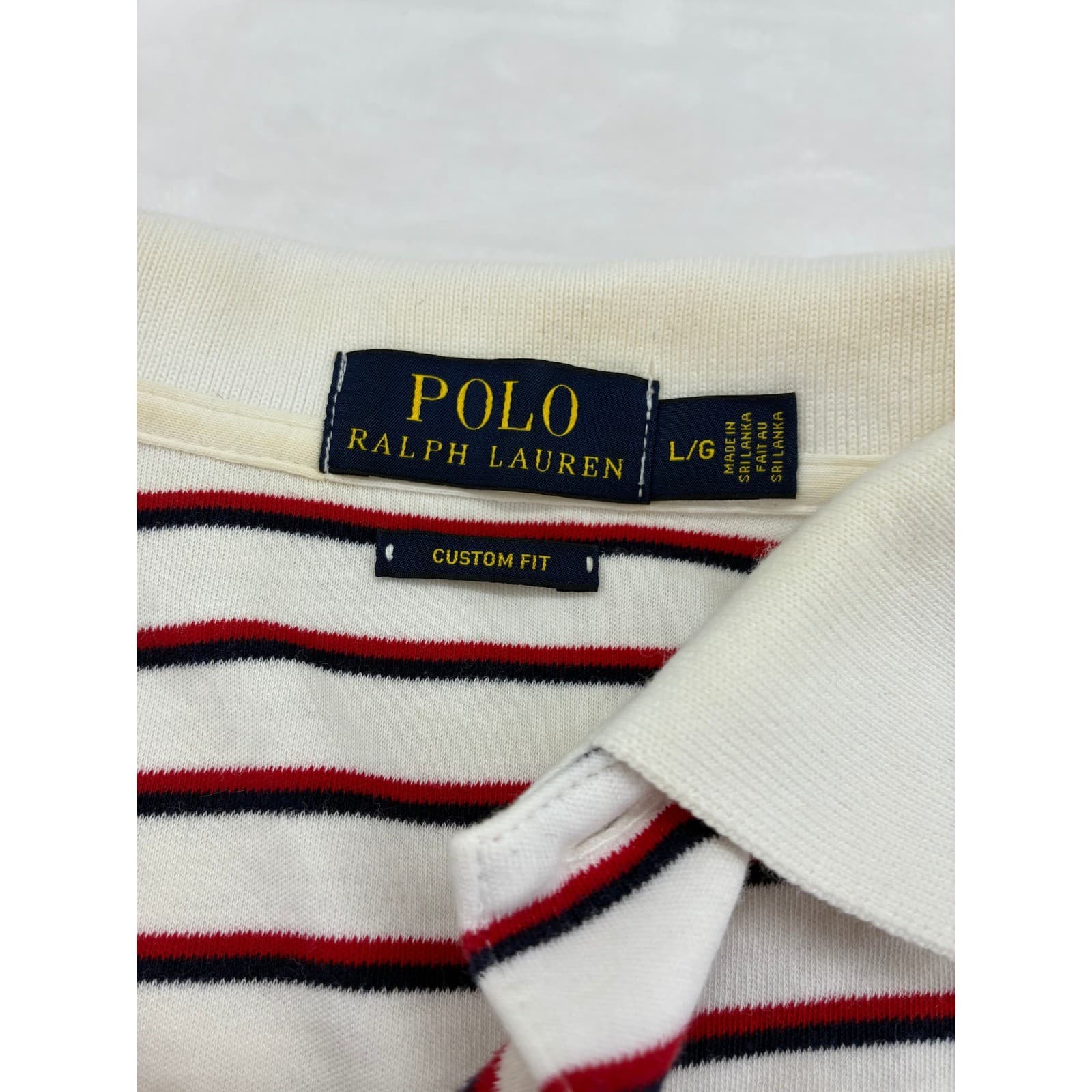 Polo Ralph Lauren Polo Mens L White Red Navy Striped Custom Fit Short Sleeve - Thumbnail 2