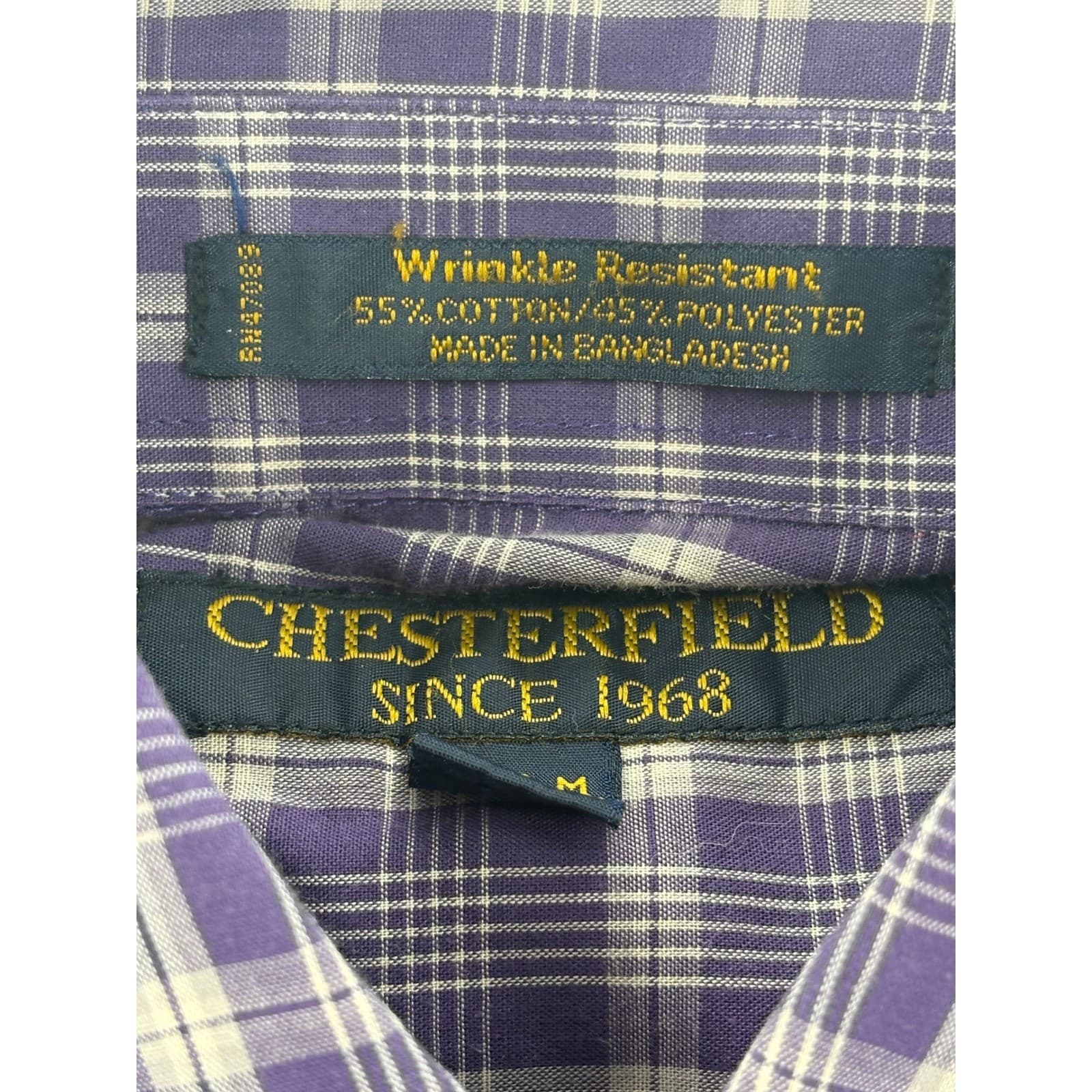 Chesterfield Button Down Mens Size M Shirt Purple Plaid Wrinkle Resistant - Thumbnail 2