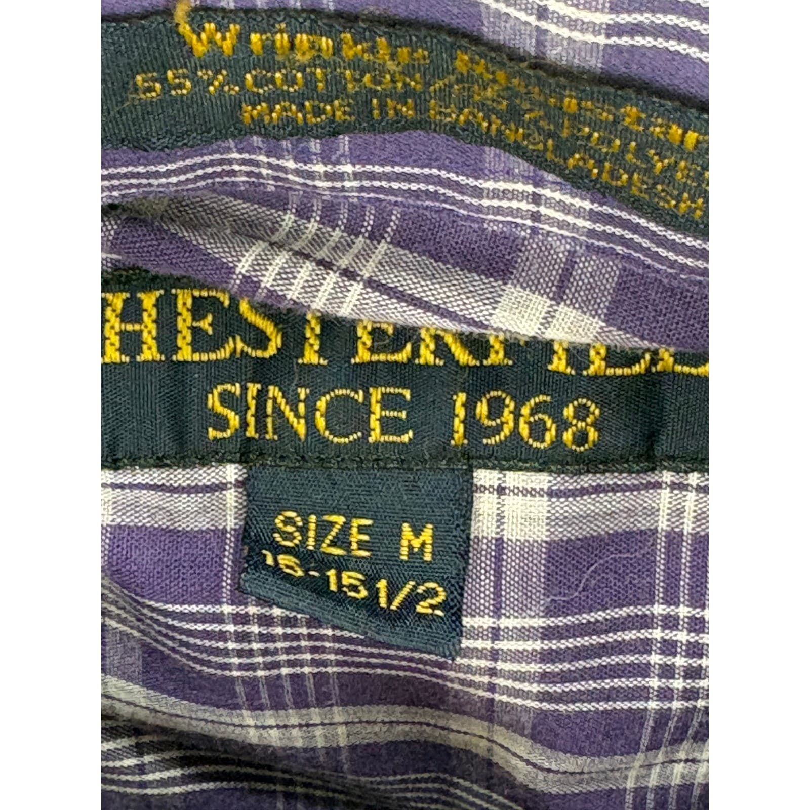 Chesterfield Button Down Mens Size M Shirt Purple Plaid Wrinkle Resistant - Thumbnail 3