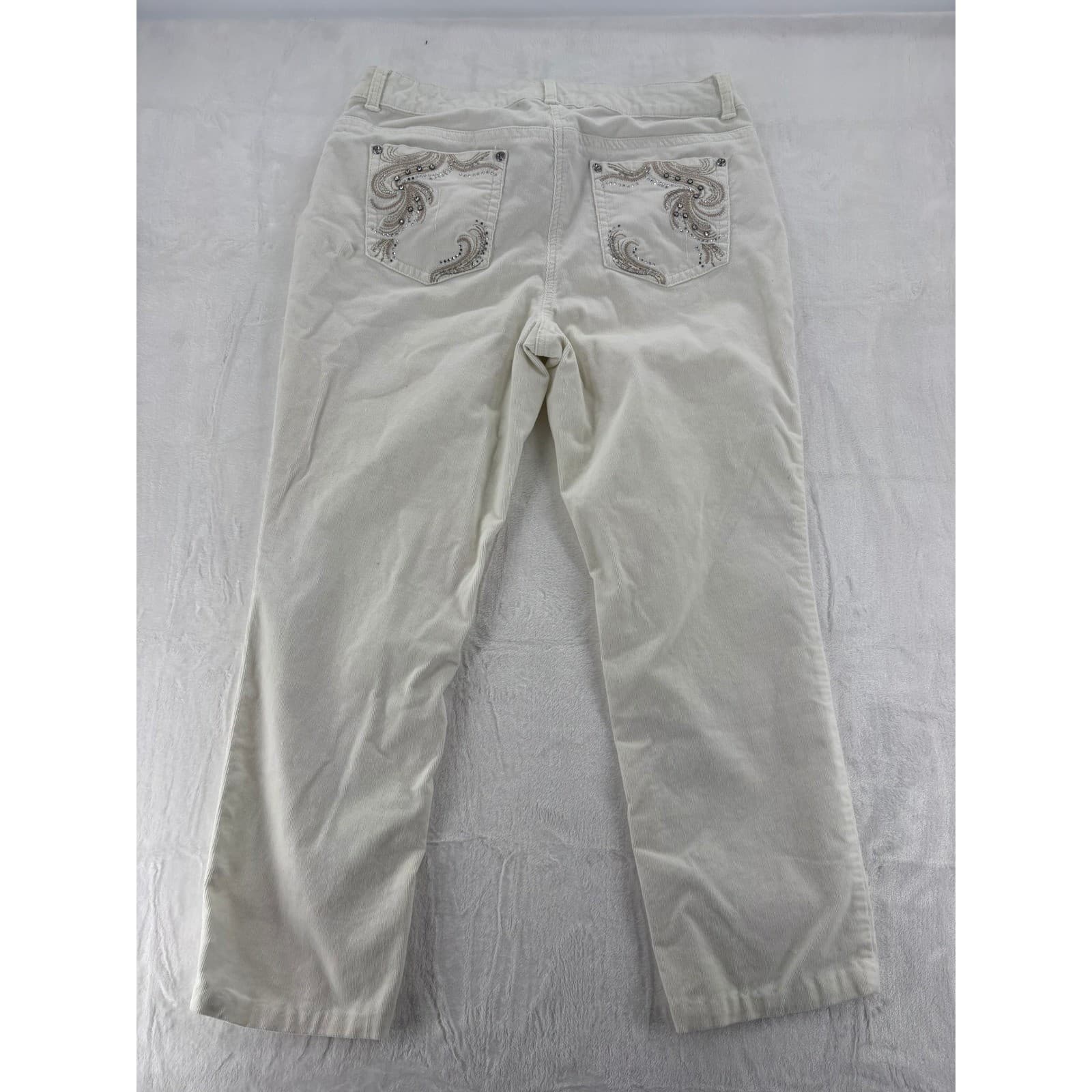 Chicos Corduroy Womens 2 Pants Off White Embellished Rhinestone Straight Leg - Thumbnail 9