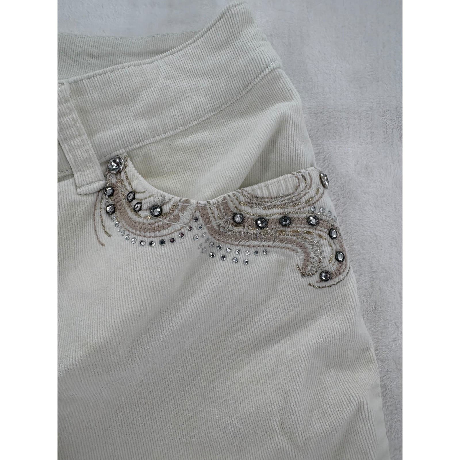 Chicos Corduroy Womens 2 Pants Off White Embellished Rhinestone Straight Leg - Thumbnail 4