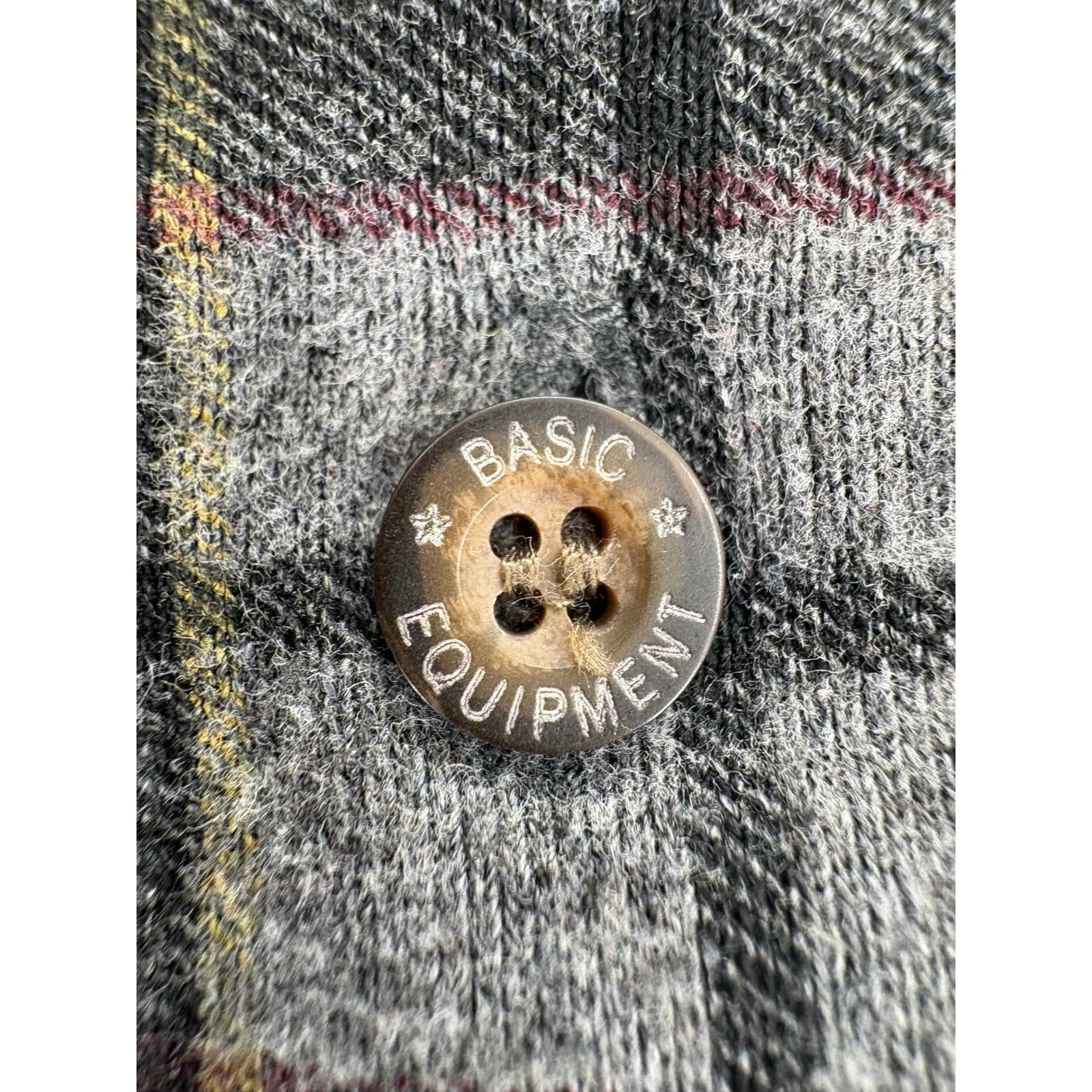 Basic Equipment Polo Mens L Long Sleeve Grey Plaid Cotton Blend Casual Shirt - Thumbnail 3