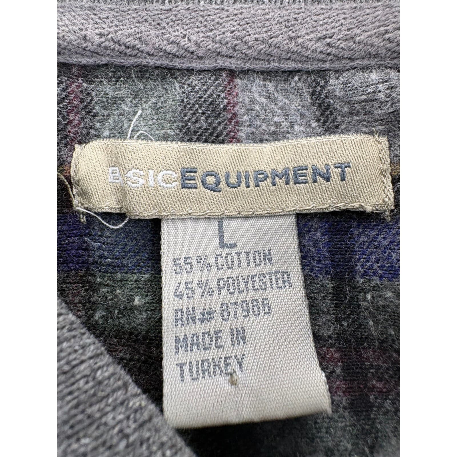 Basic Equipment Polo Mens L Long Sleeve Grey Plaid Cotton Blend Casual Shirt - Thumbnail 2