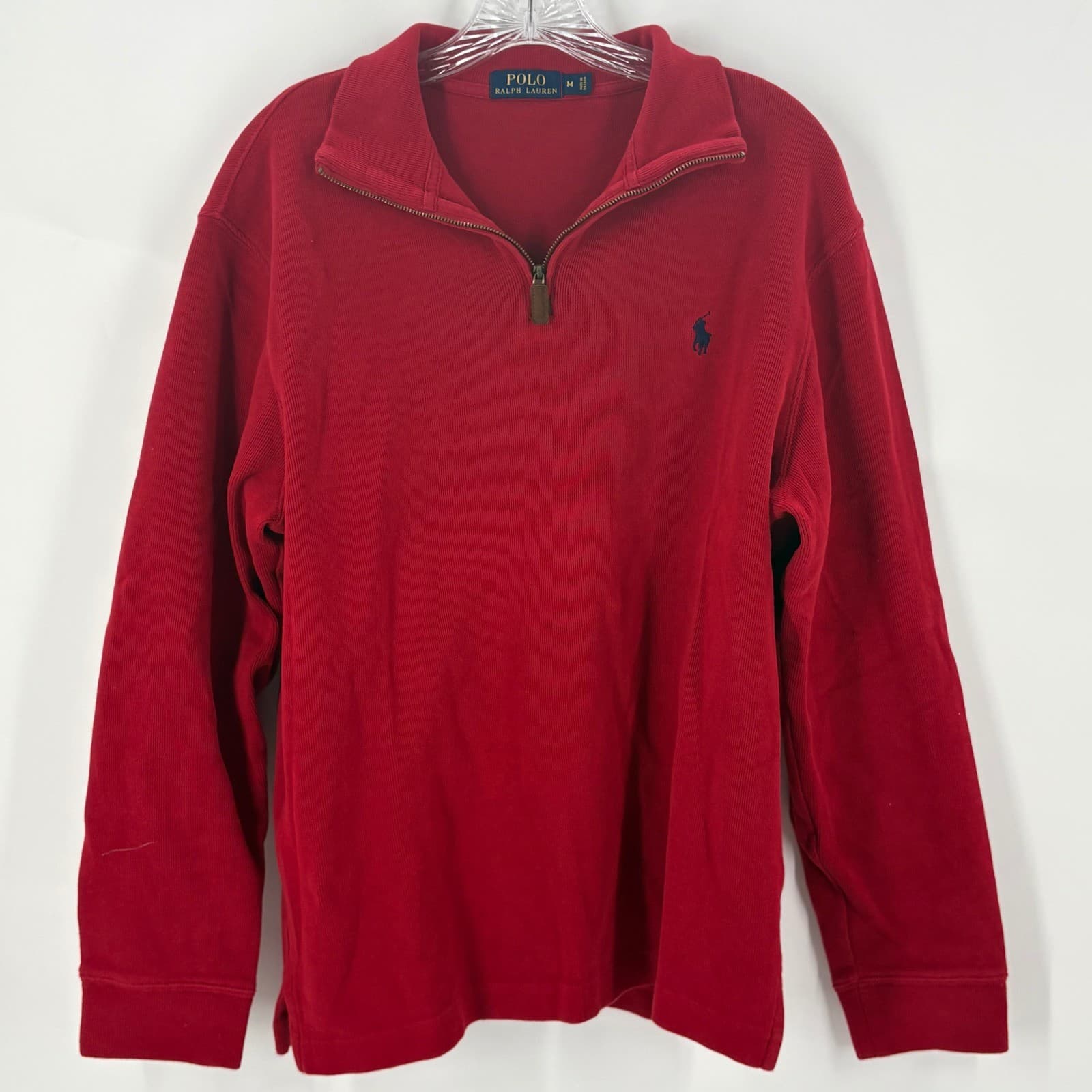 Polo Ralph Lauren Men's Red 1/4 Zip Pullover Sweater Knit Pony Logo Size M - Thumbnail 2