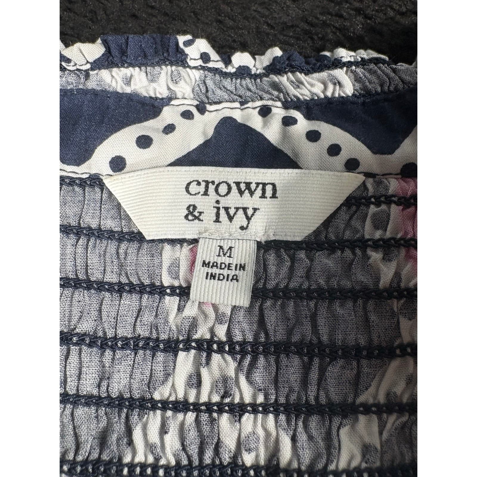 Crown & Ivy Women's Blouse Top Medium Navy Pink White Patterned Long Sleeve - Thumbnail 2
