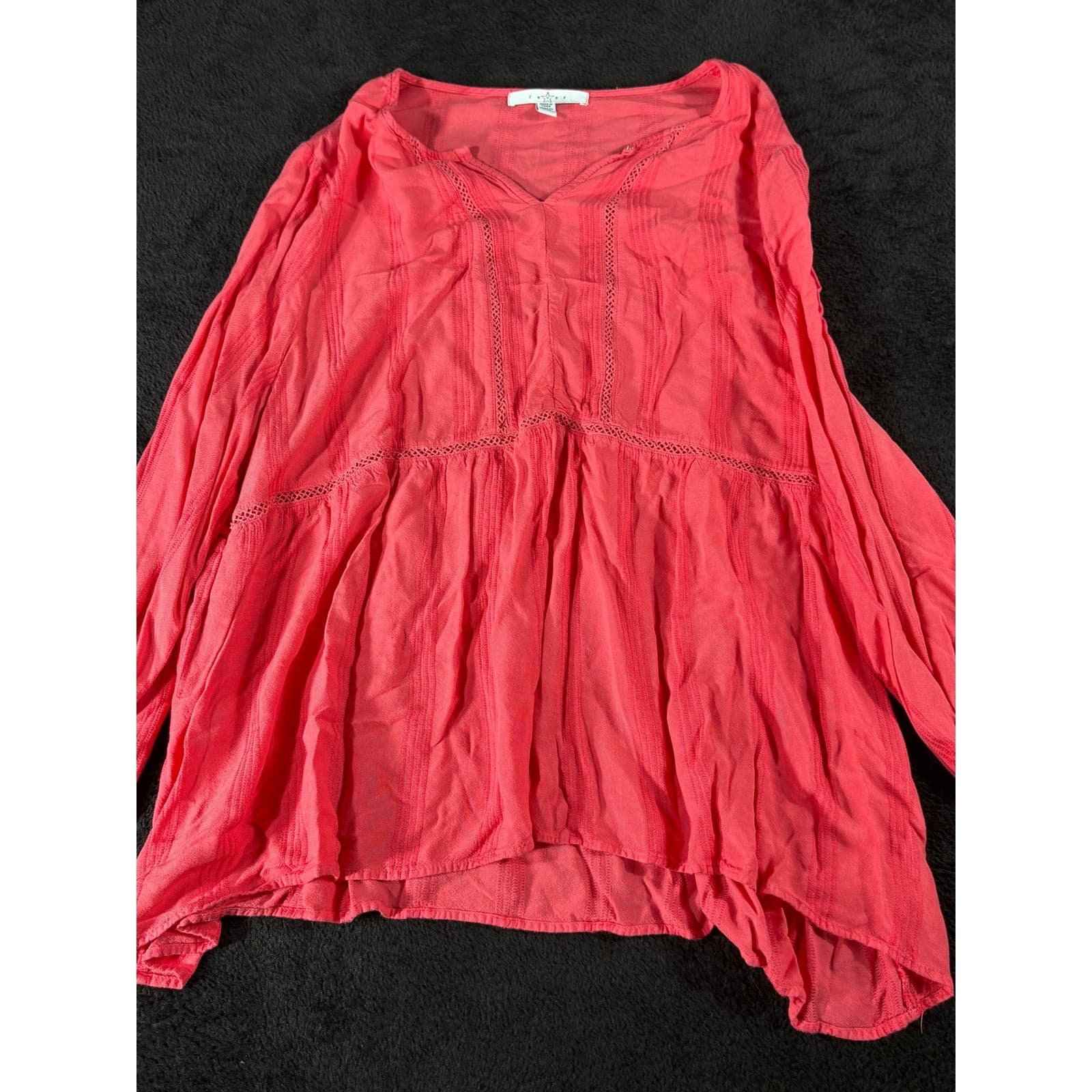 fever Coral Red Tunic Top XXL Long Sleeve V Neck Crochet Trim Blouse