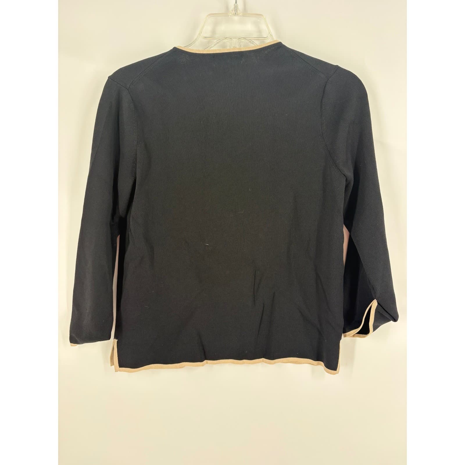 Grace Elements Petite Black Knit Cardigan Beige Trim Button Front 3/4 Sleeve - Thumbnail 6