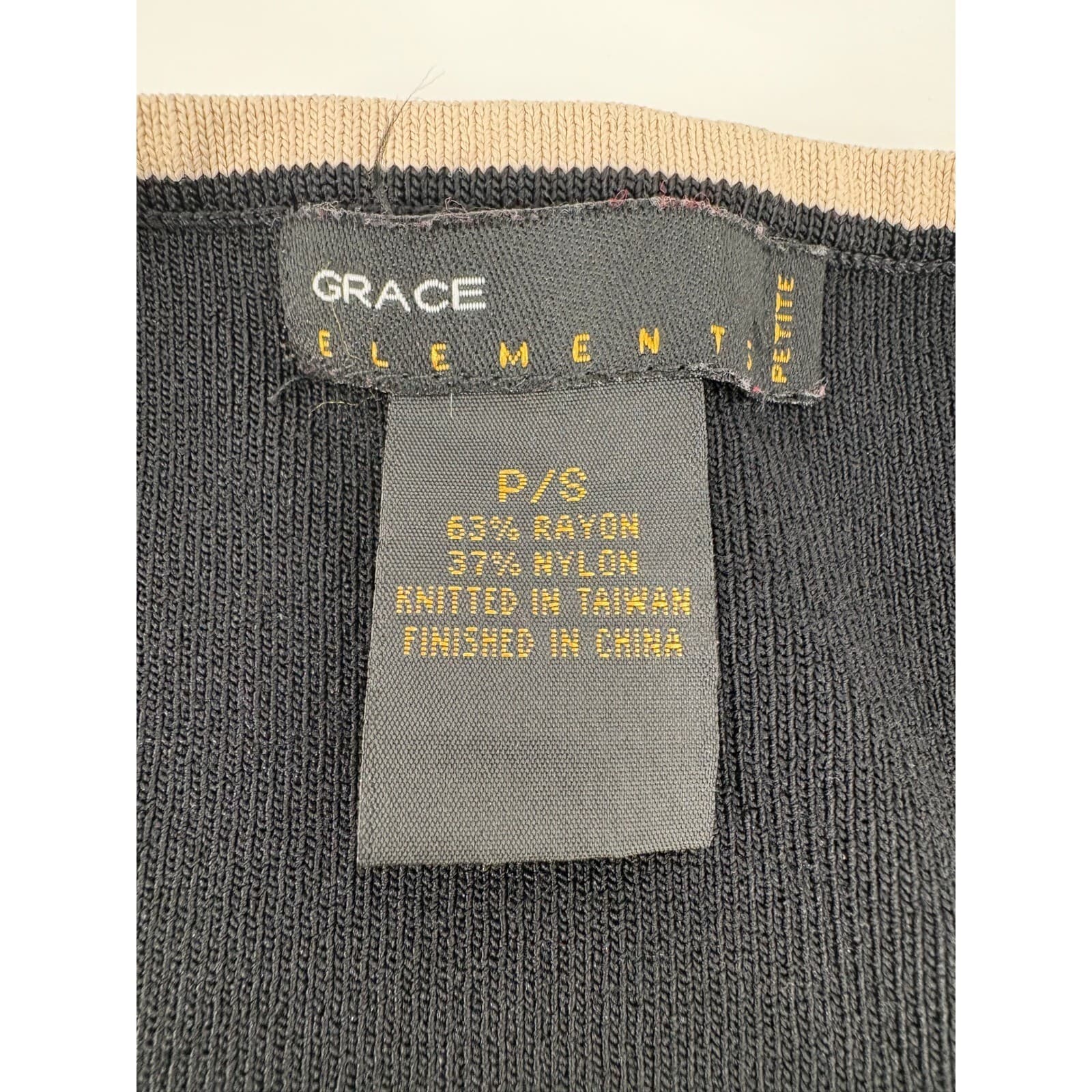 Grace Elements Petite Black Knit Cardigan Beige Trim Button Front 3/4 Sleeve - Thumbnail 2